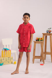 Boys Red Floral Appliqué Cotton Shirt & Shorts Set