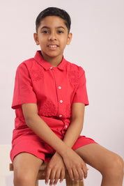 Boys Red Floral Appliqué Cotton Shirt & Shorts Set