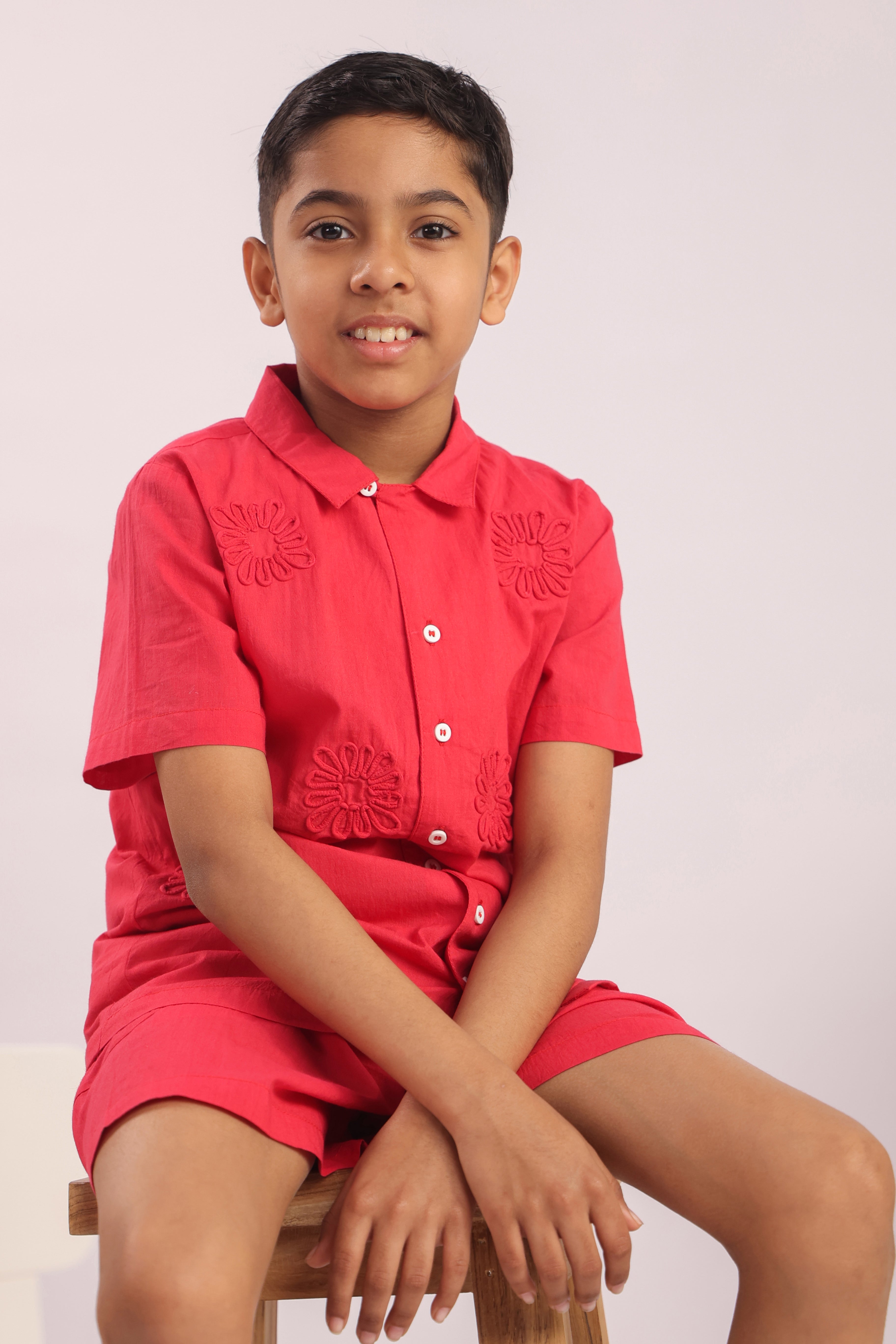 Boys Red Floral Appliqué Cotton Shirt & Shorts Set