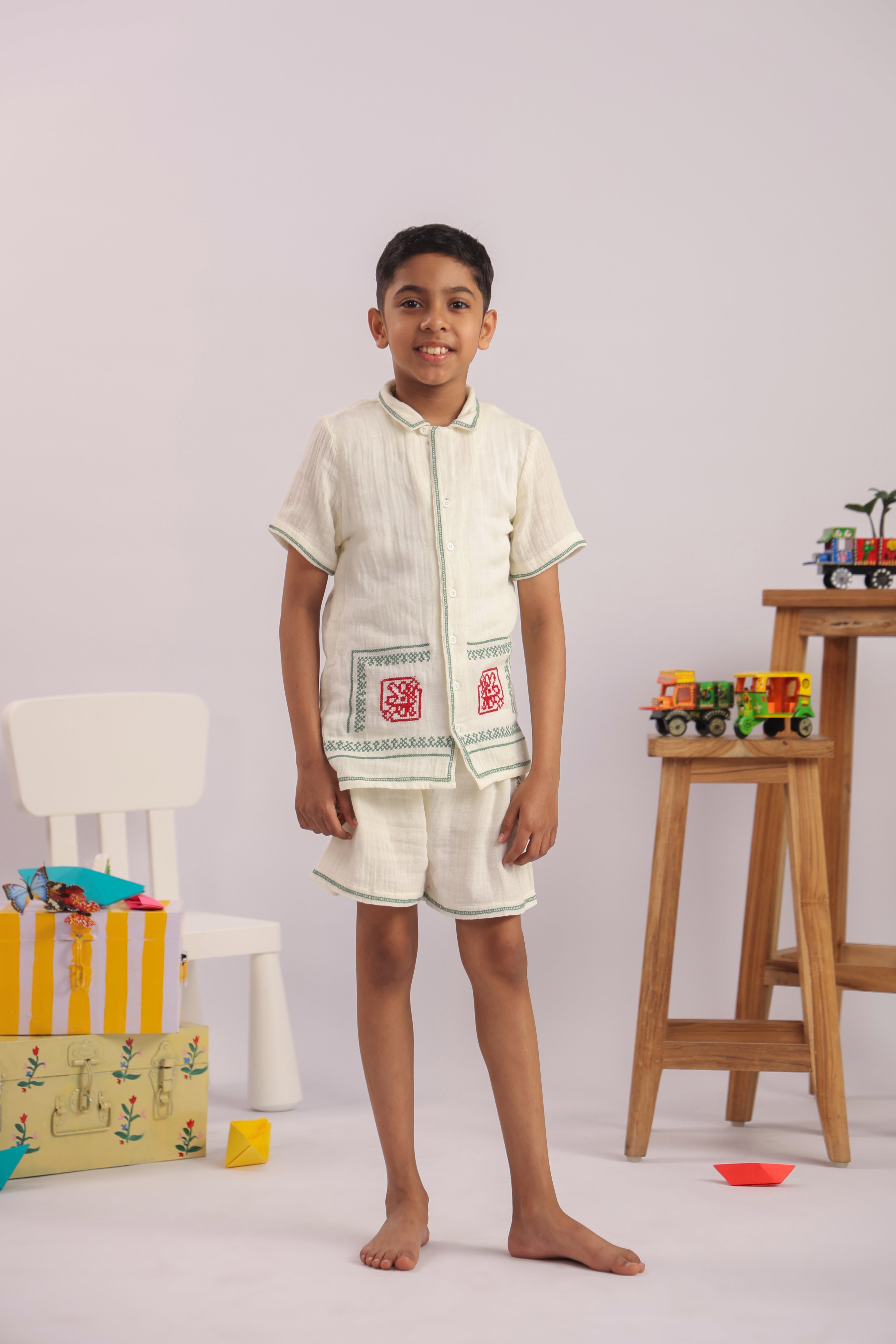 Boys Off-White Cross Stitch Embroidered Co-ord Set - Premium Skin-Friendly Kids Wear India - The Little Trunk