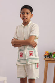 Boys Off-White Cross Stitch Embroidered Co-ord Set - Premium Skin-Friendly Kids Wear India - The Little Trunk