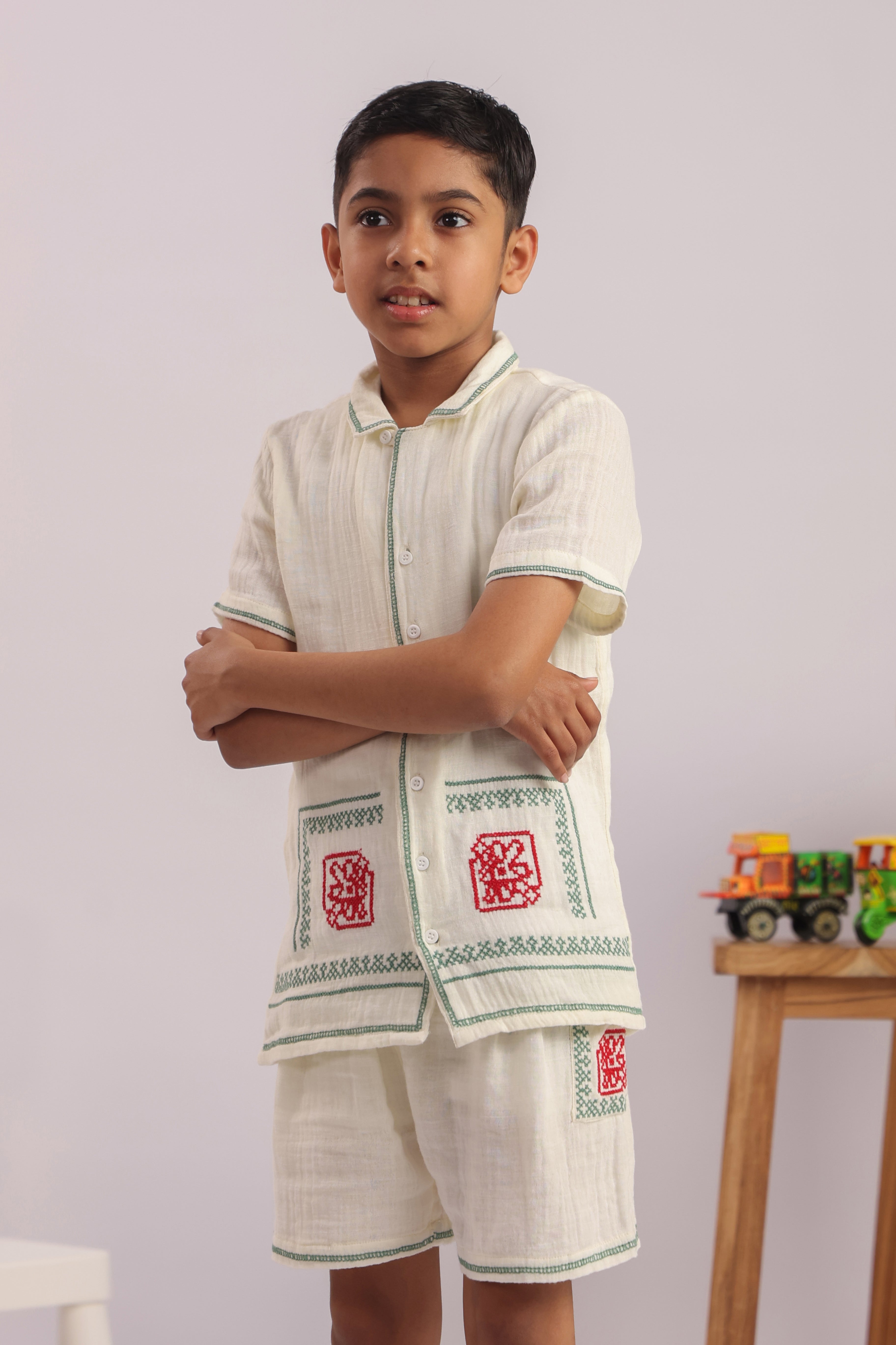 Boys Off-White Cross Stitch Embroidered Co-ord Set - Premium Skin-Friendly Kids Wear India - The Little Trunk