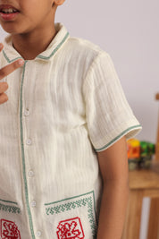 Boys Off-White Cross Stitch Embroidered Co-ord Set - Premium Skin-Friendly Kids Wear India - The Little Trunk