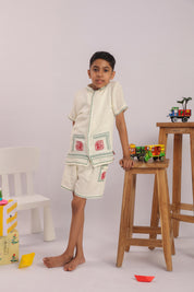 Boys Off-White Cross Stitch Embroidered Co-ord Set - Premium Skin-Friendly Kids Wear India - The Little Trunk