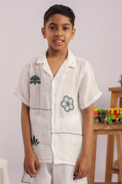 Boys White Floral Embroidered Co-ord Set - Premium Skin-Friendly Kids Wear India - The Little Trunk