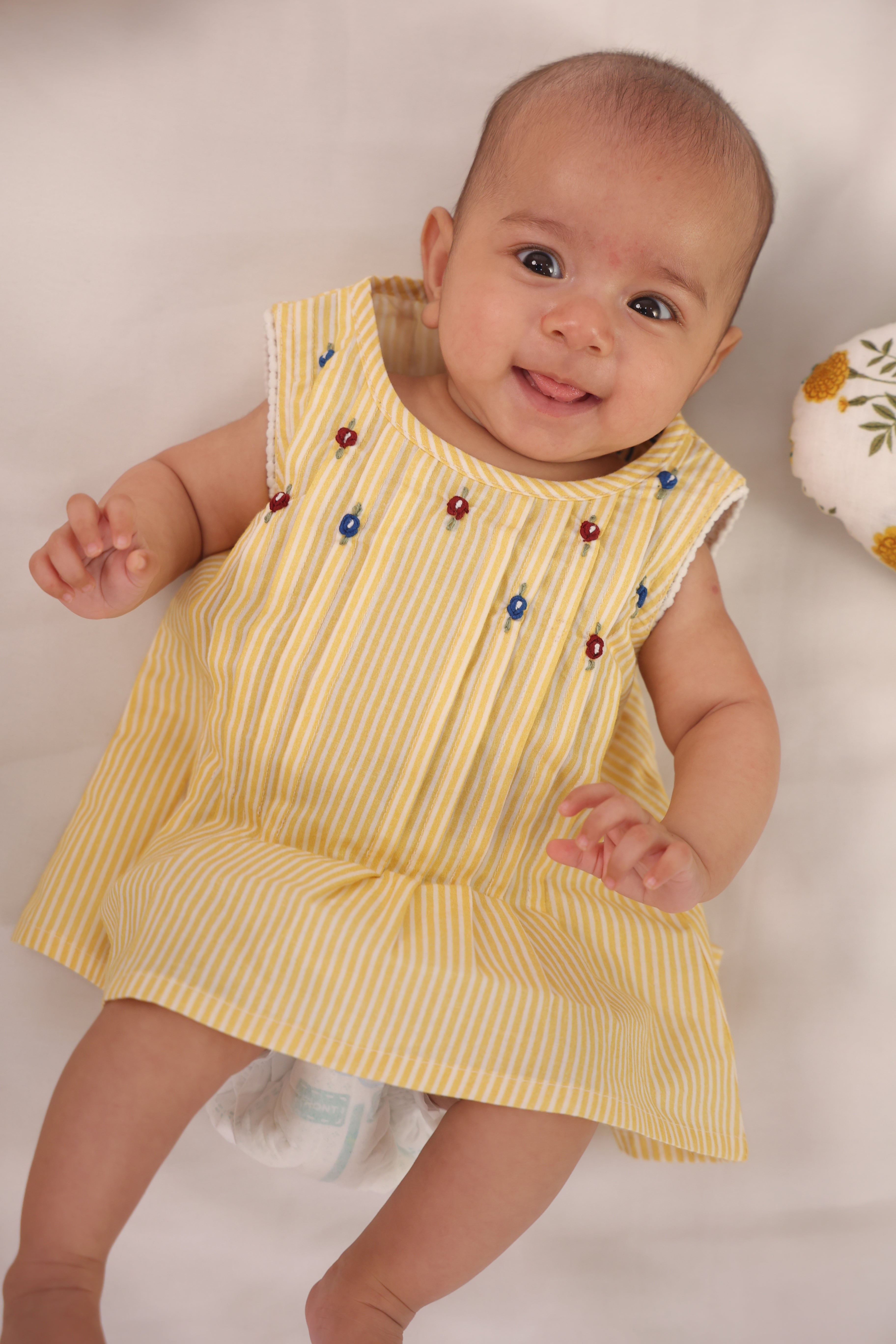 Yellow Striped Embellished Infant Dress for Girls