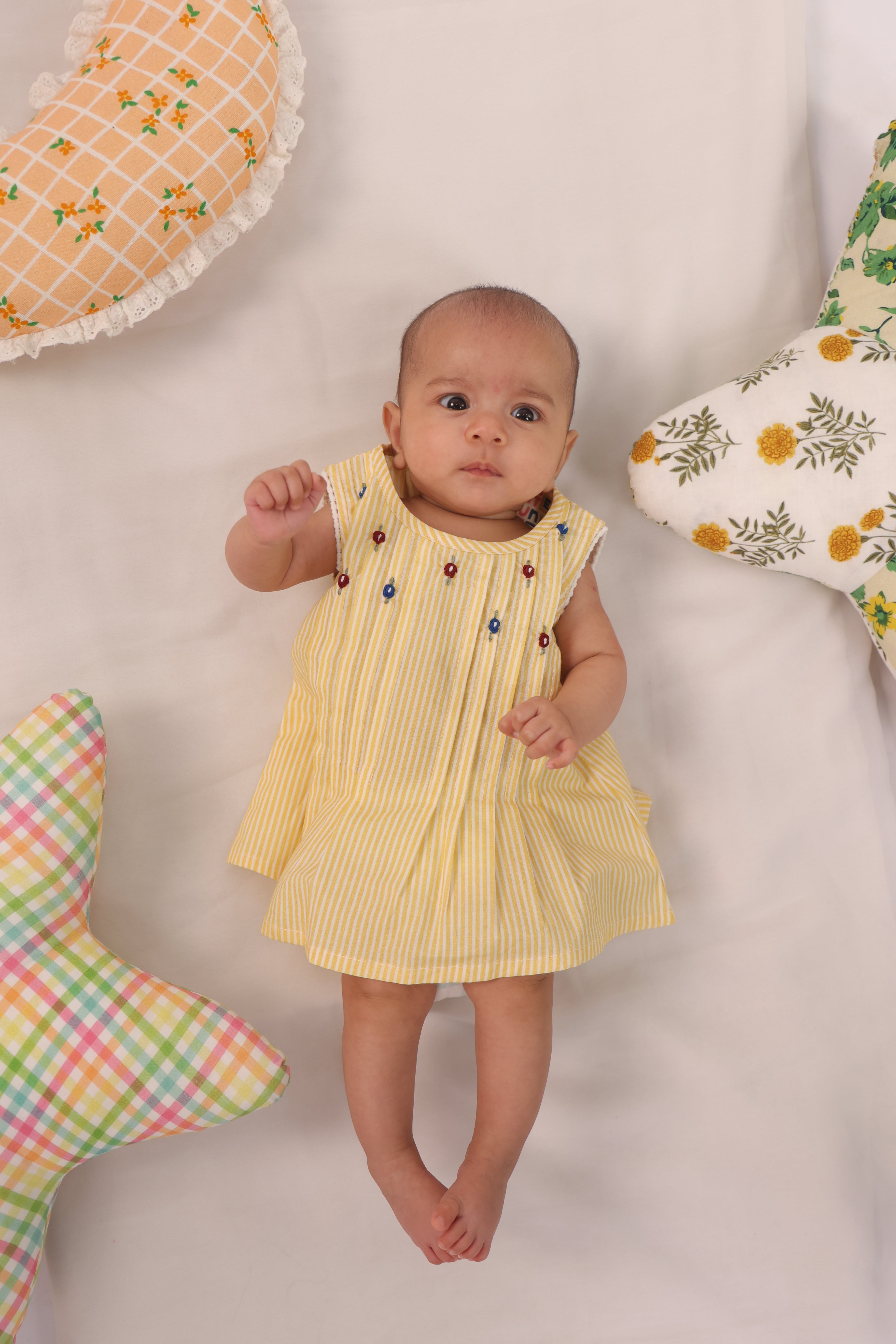 Yellow Striped Embellished Infant Dress for Girls