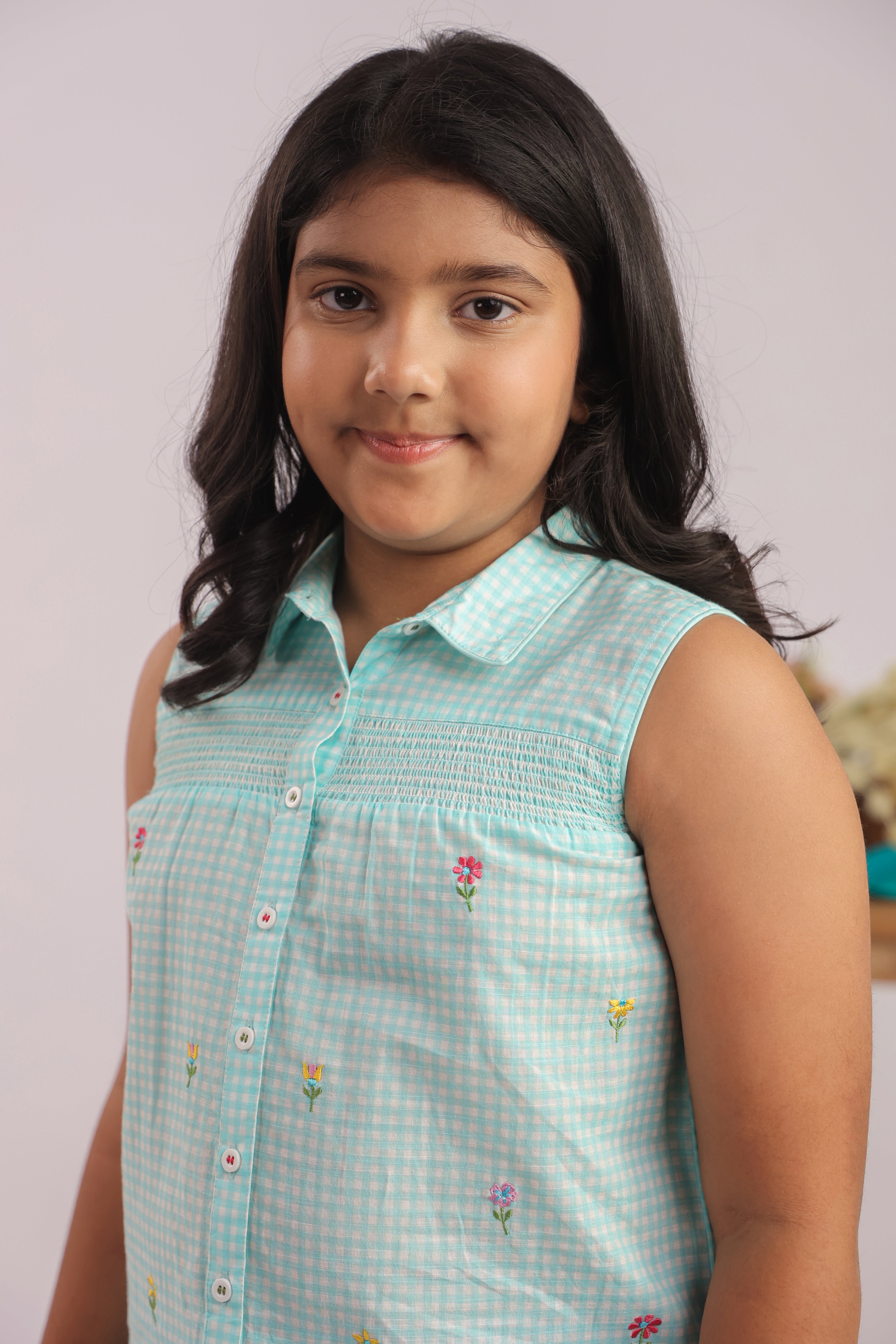 Mint Gingham Smocked Embroidered Top for Girls