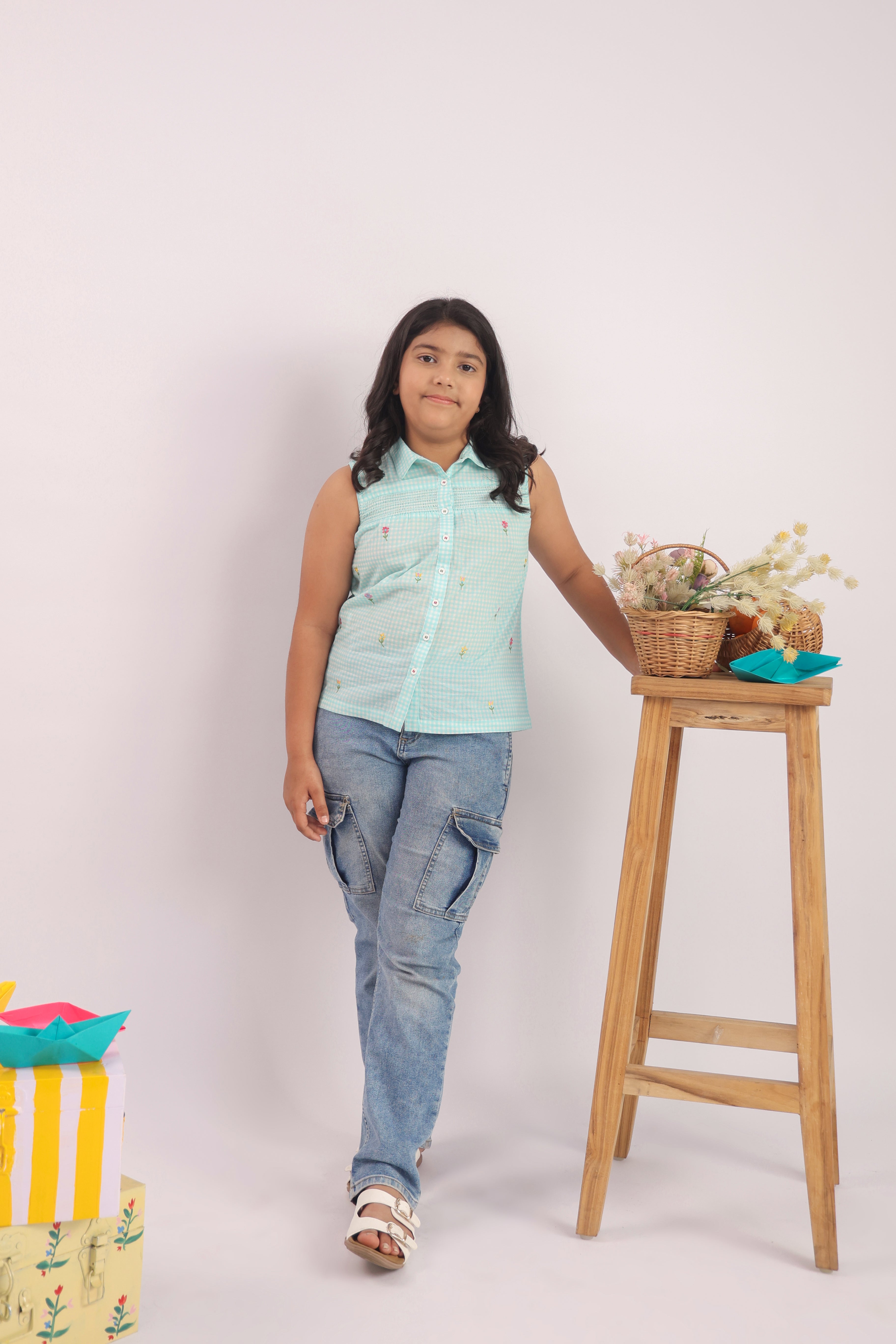 Mint Gingham Smocked Embroidered Top for Girls