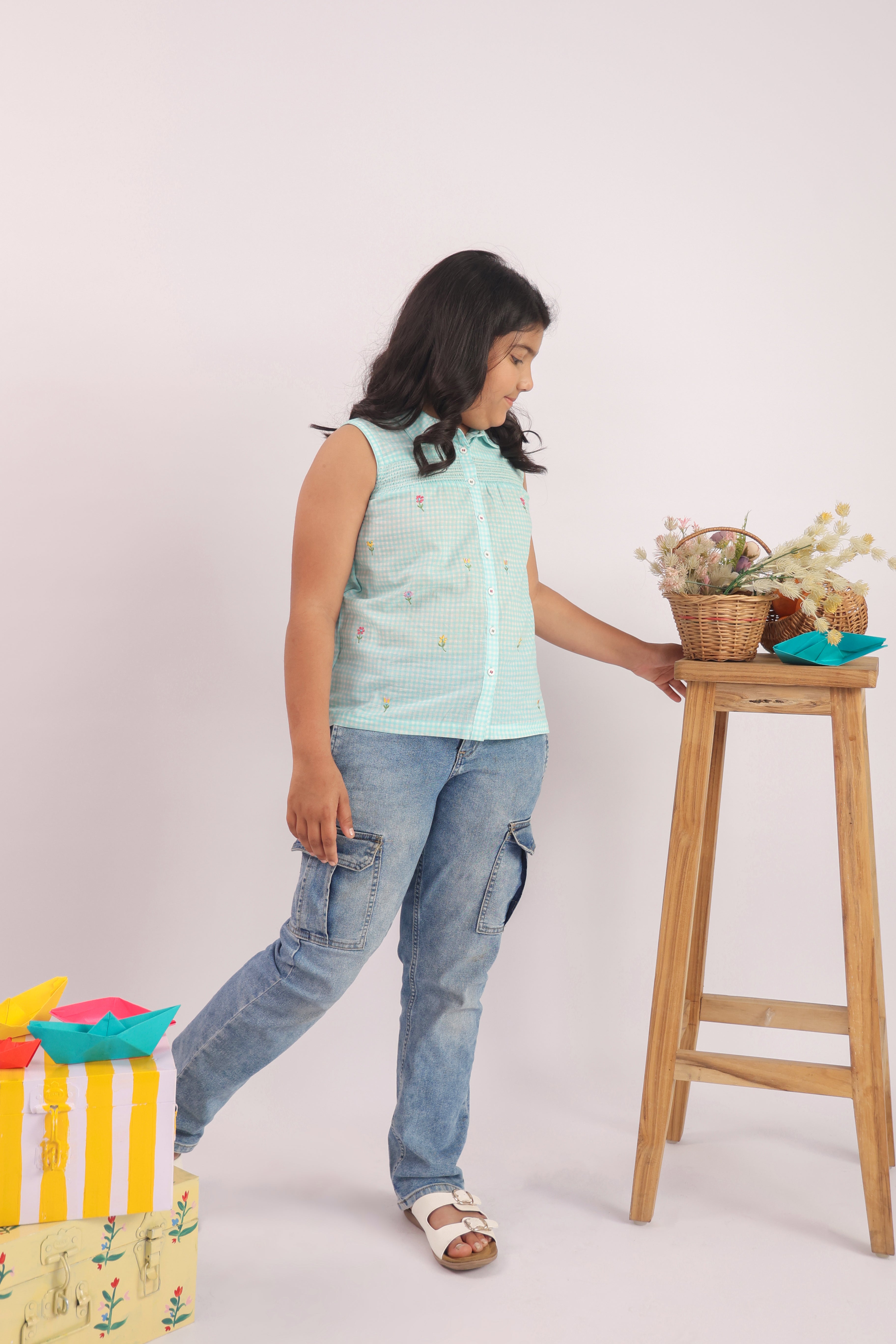 Mint Gingham Smocked Embroidered Top for Girls