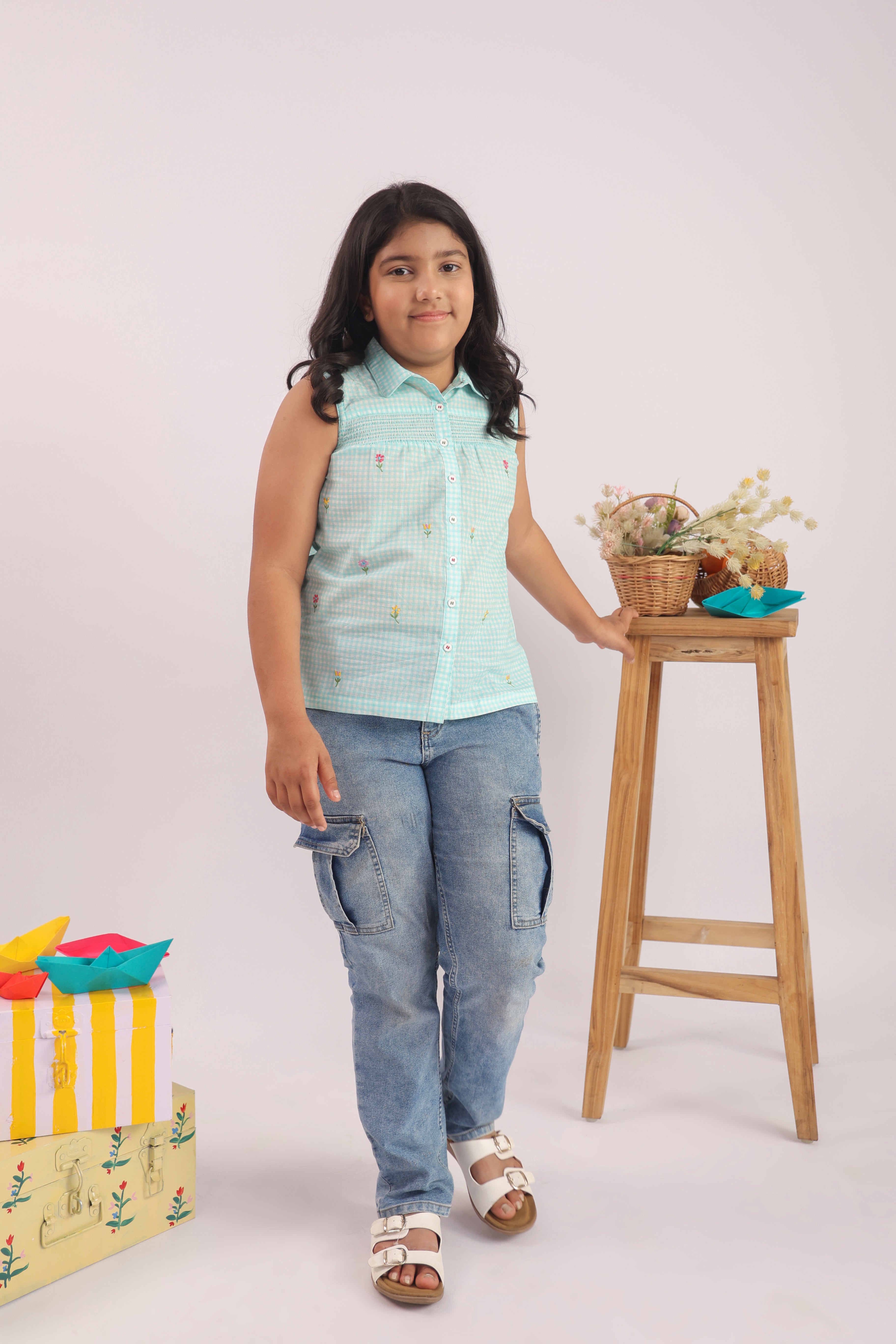 Mint Gingham Smocked Embroidered Top for Girls