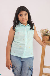 Mint Gingham Smocked Embroidered Top for Girls