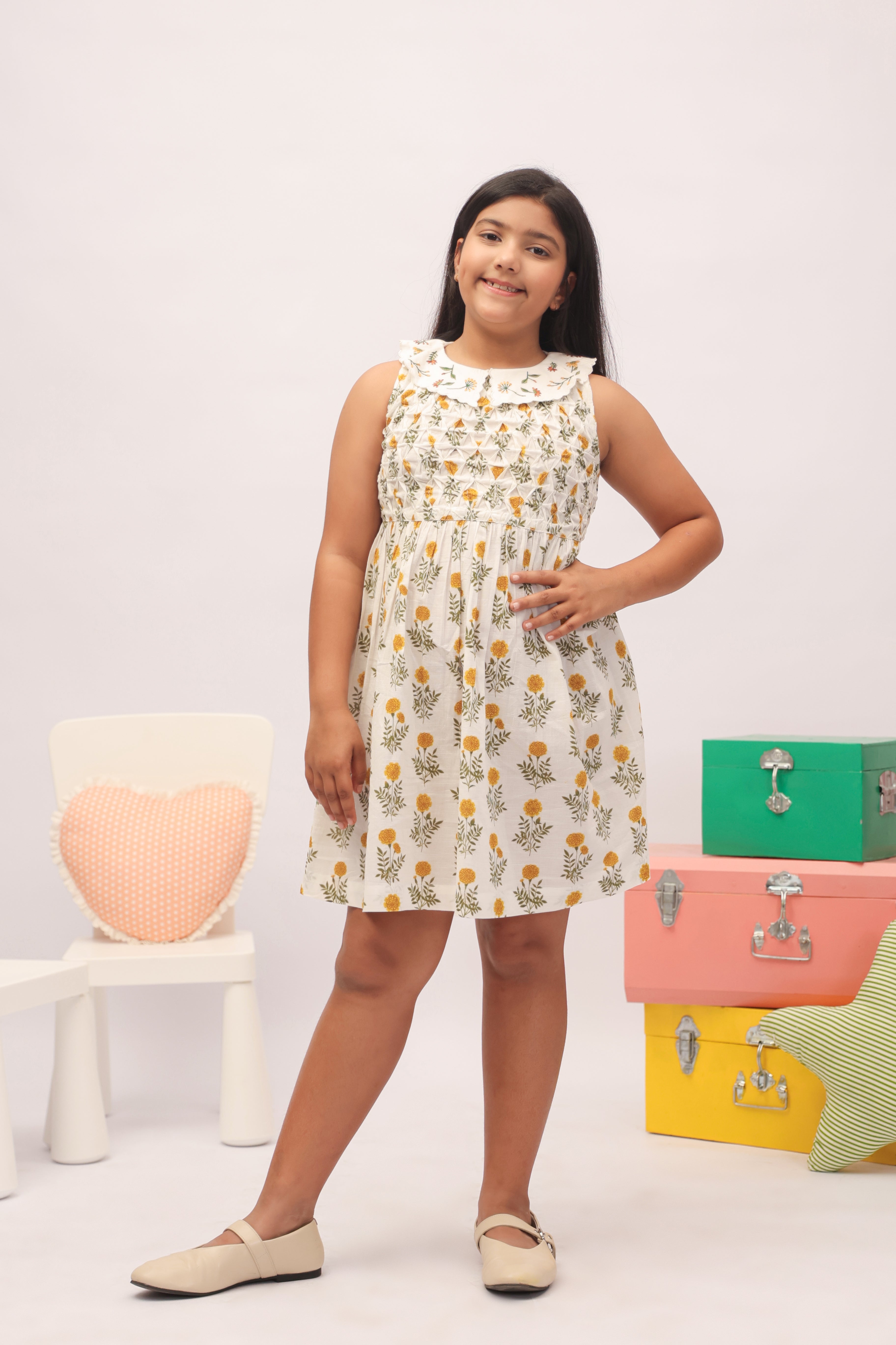 Mustard Marigold Smocked Peter Pan Dress