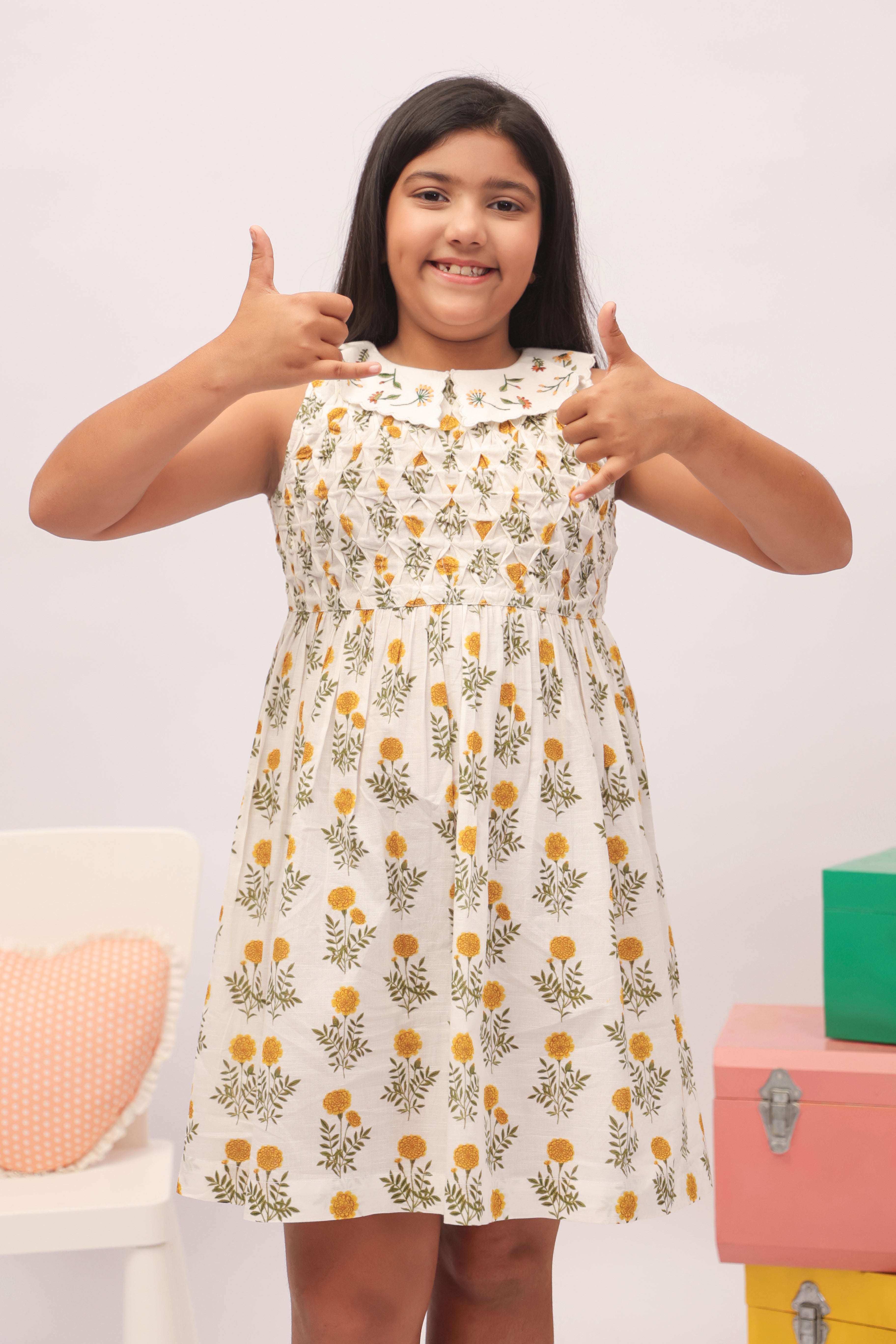 Mustard Marigold Smocked Peter Pan Dress