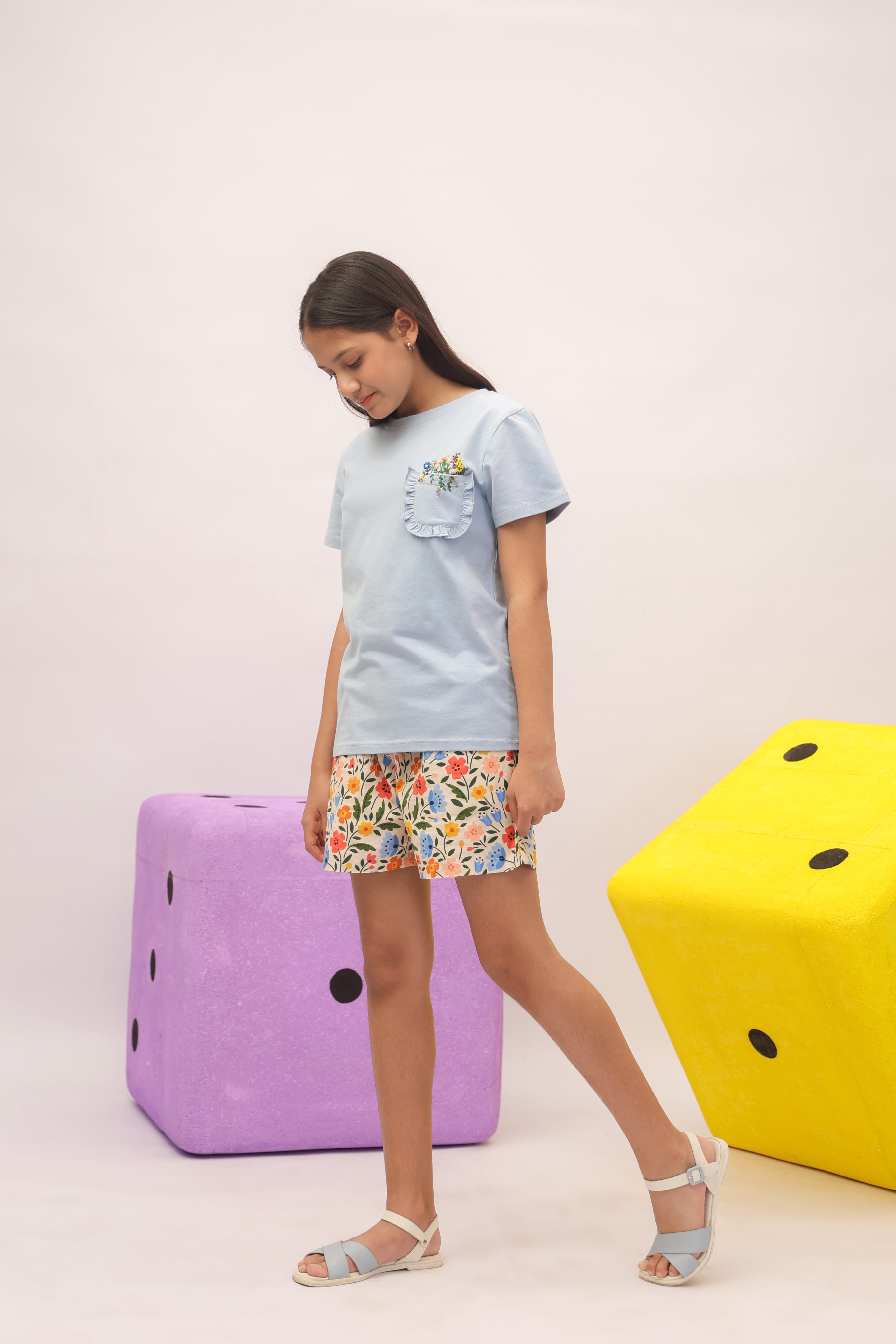 Skyfield Embroidered Top & Floral Skit/ Shorts Set