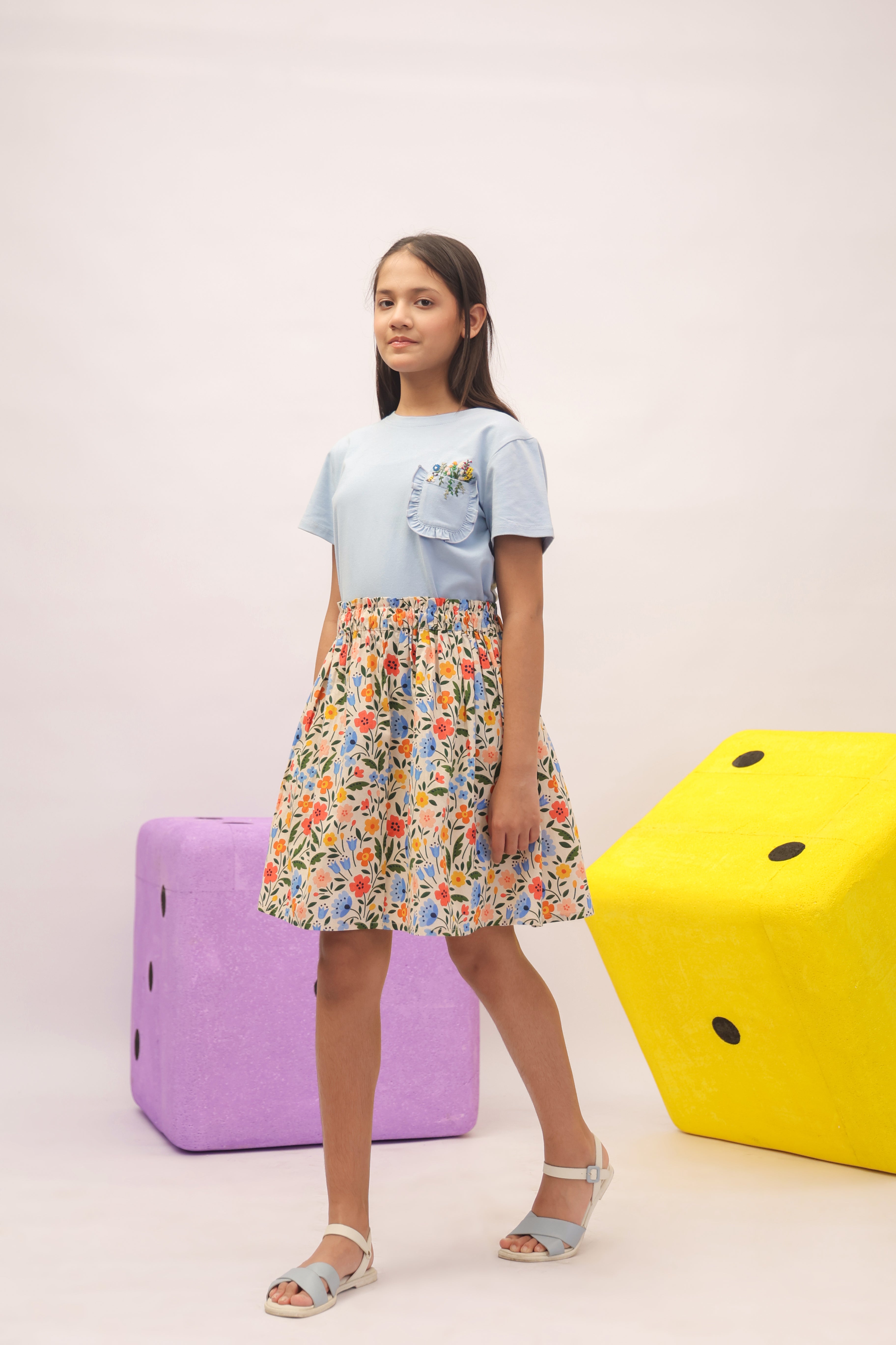 Skyfield Embroidered Top & Floral Skit/ Shorts Set