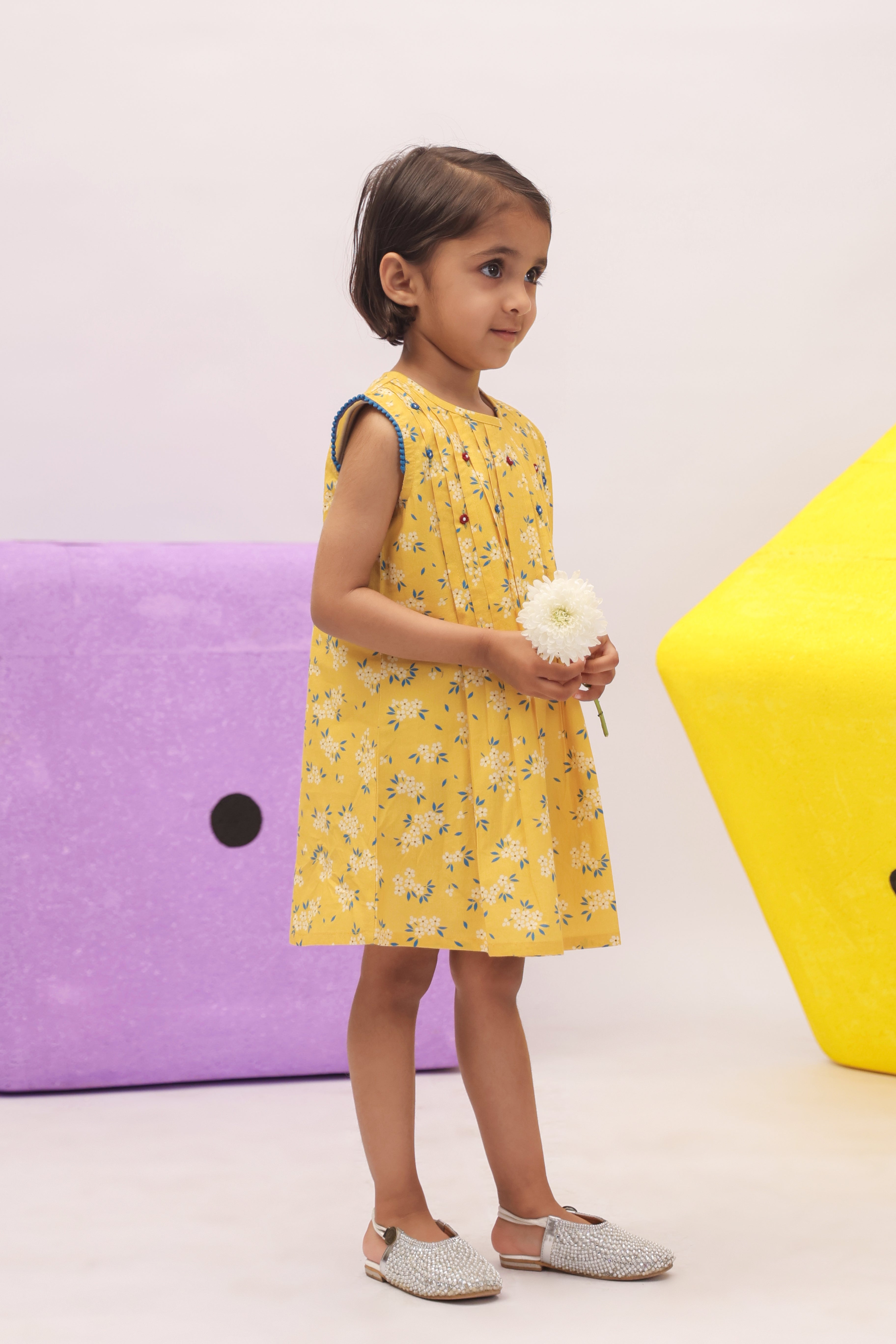 Yellow Ditsy Floral Pleated Dress