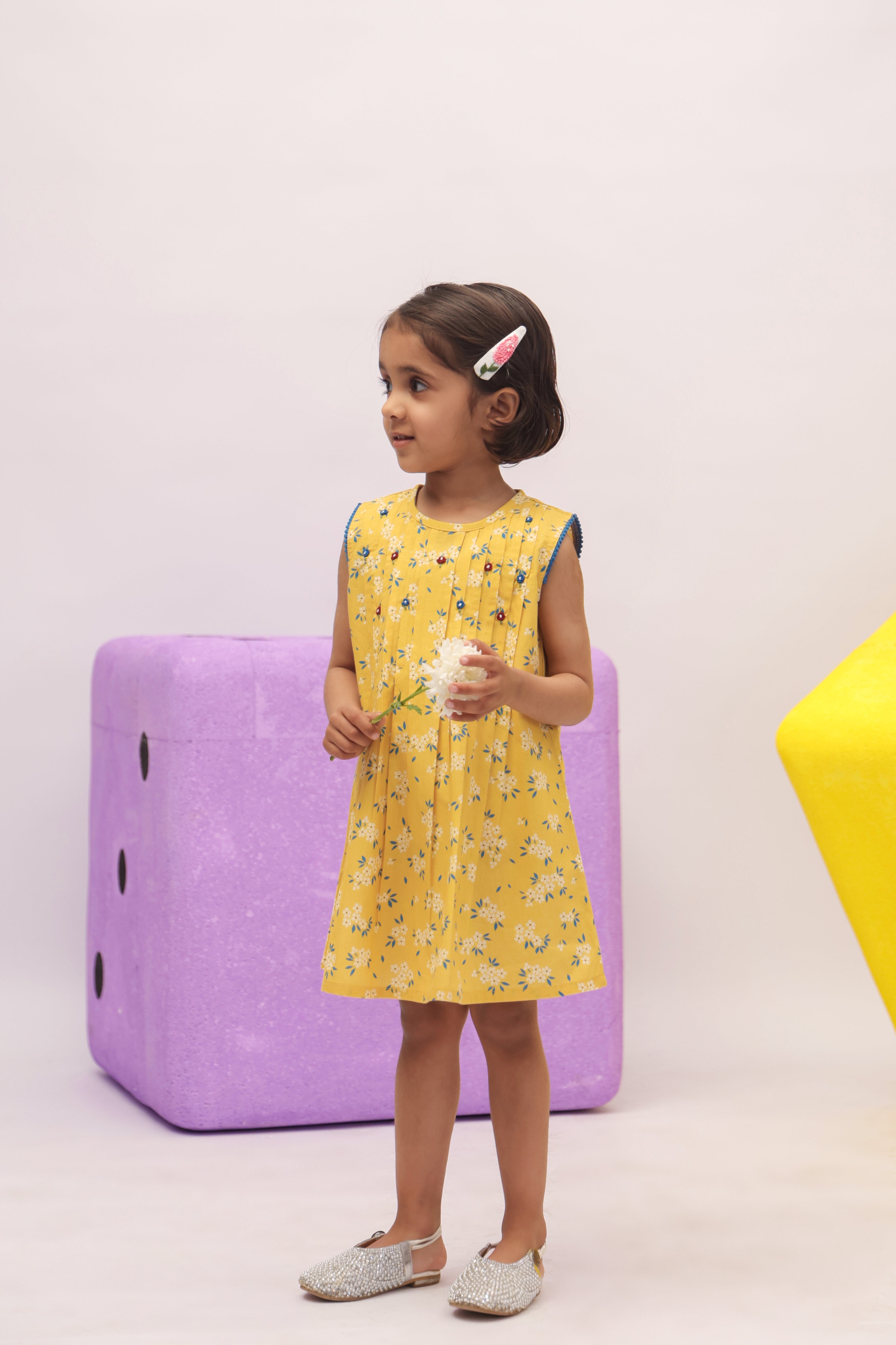 Yellow Ditsy Floral Pleated Dress