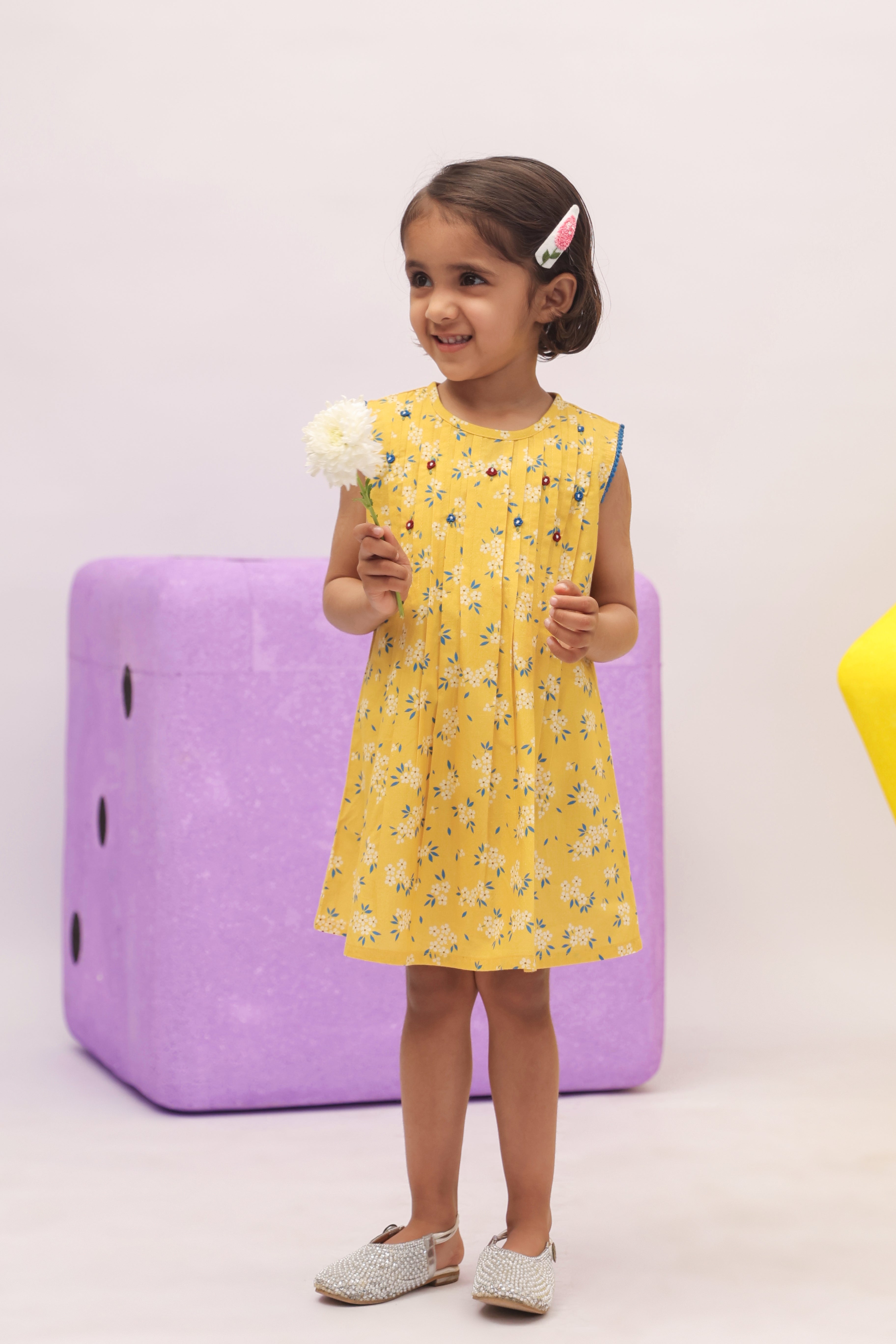 Yellow Ditsy Floral Pleated Dress