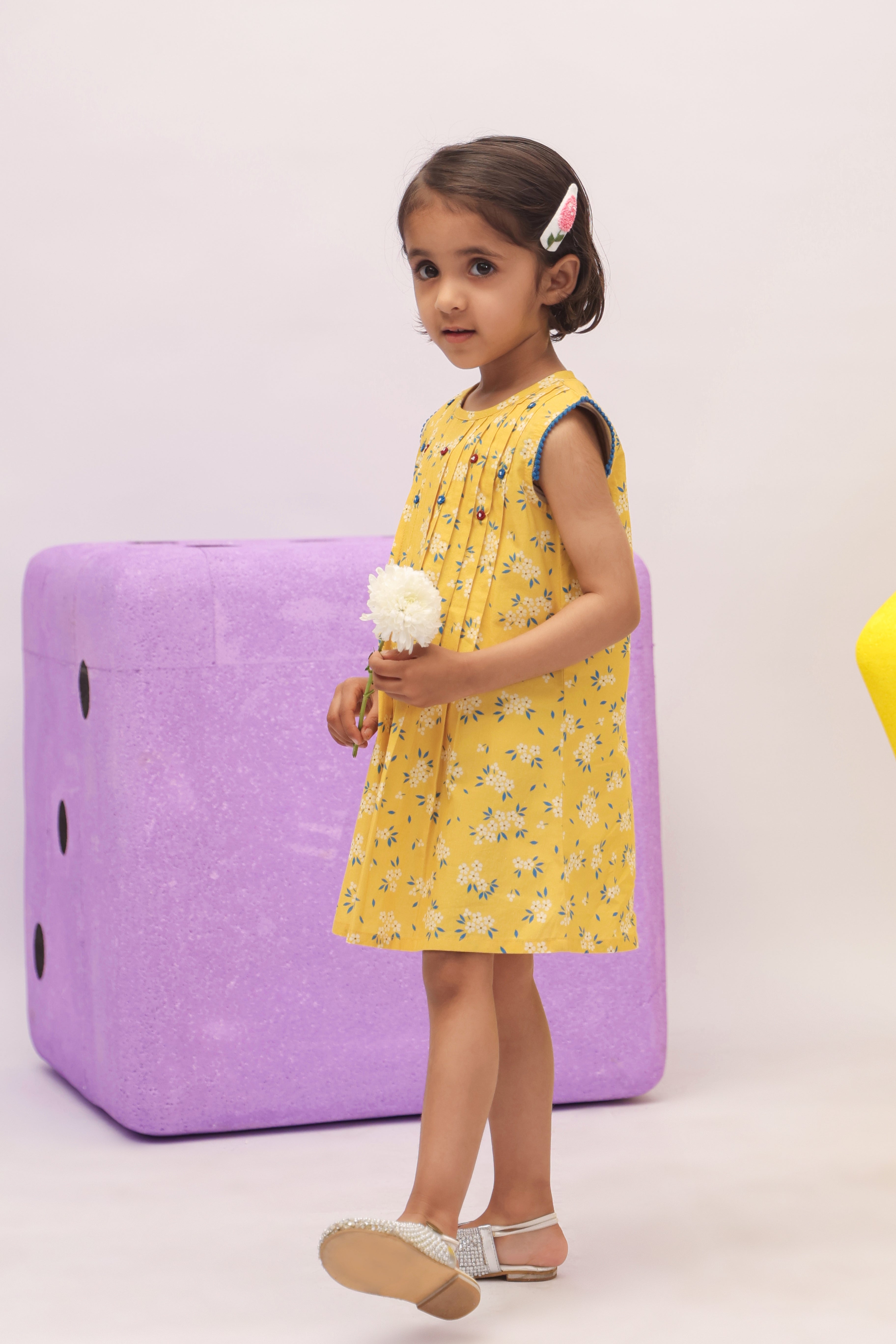 Yellow Ditsy Floral Pleated Dress