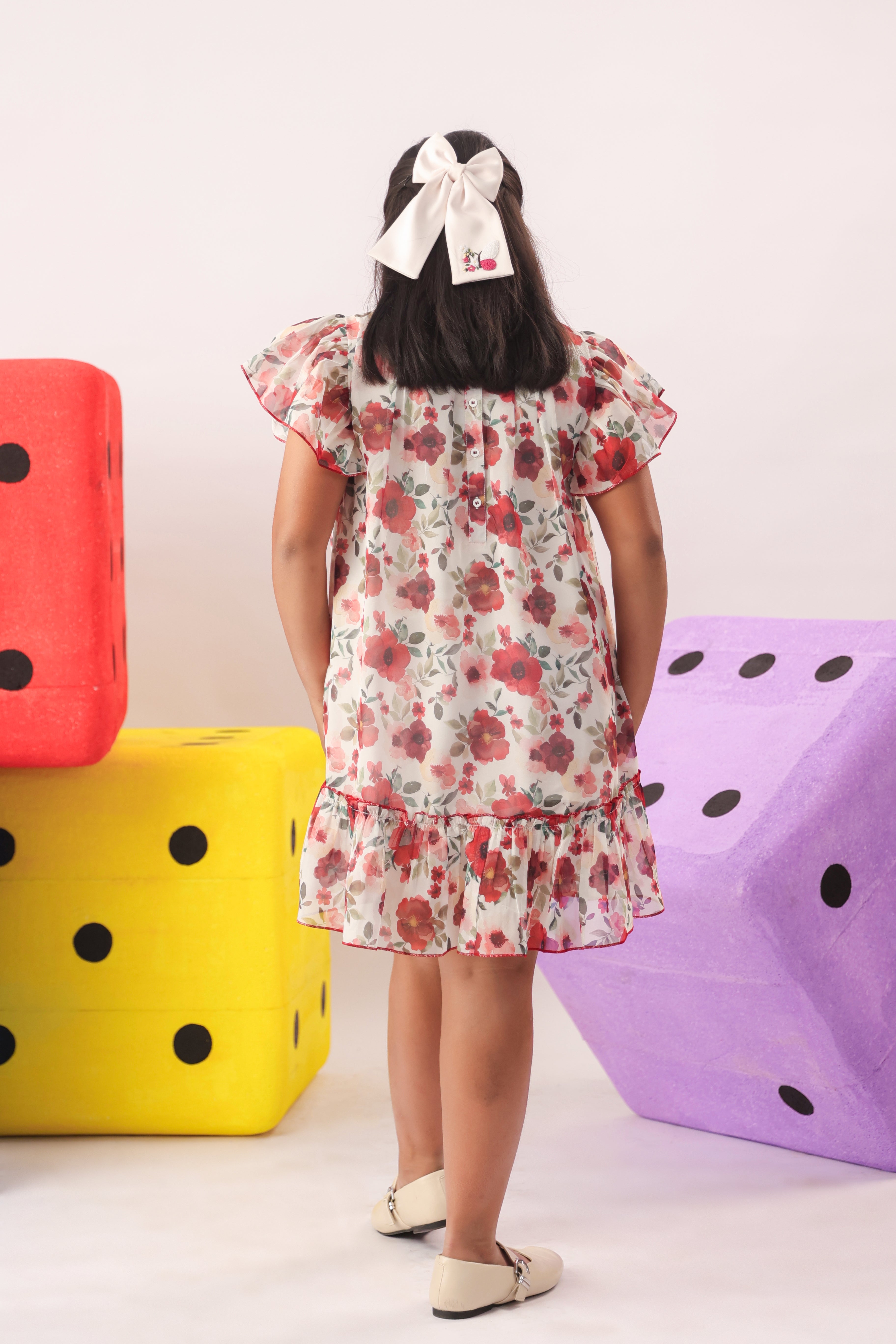 Red Floral Organza Ruffle Dress for Girls