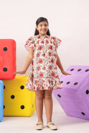 Red Floral Organza Ruffle Dress for Girls