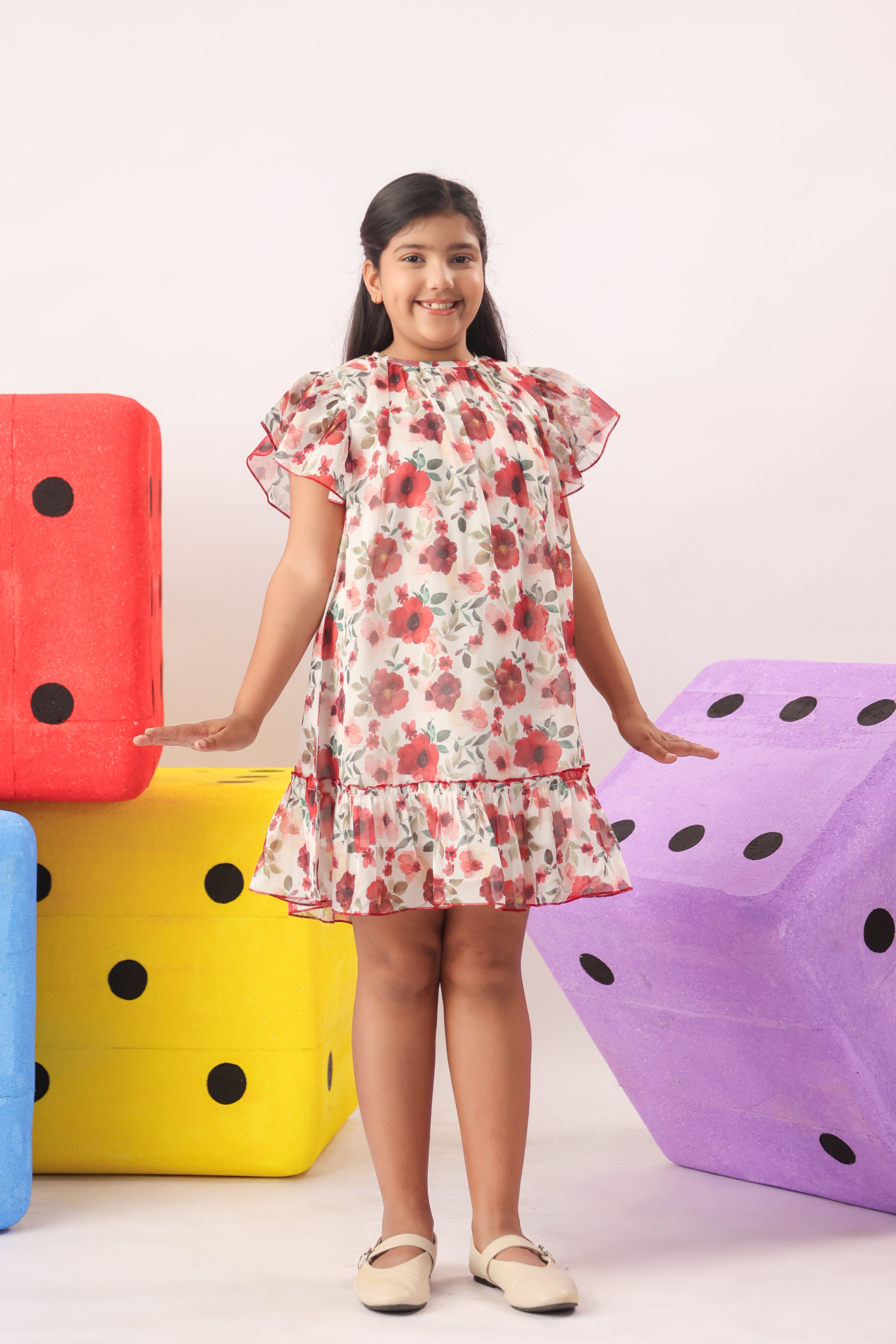 Red Floral Organza Ruffle Dress for Girls