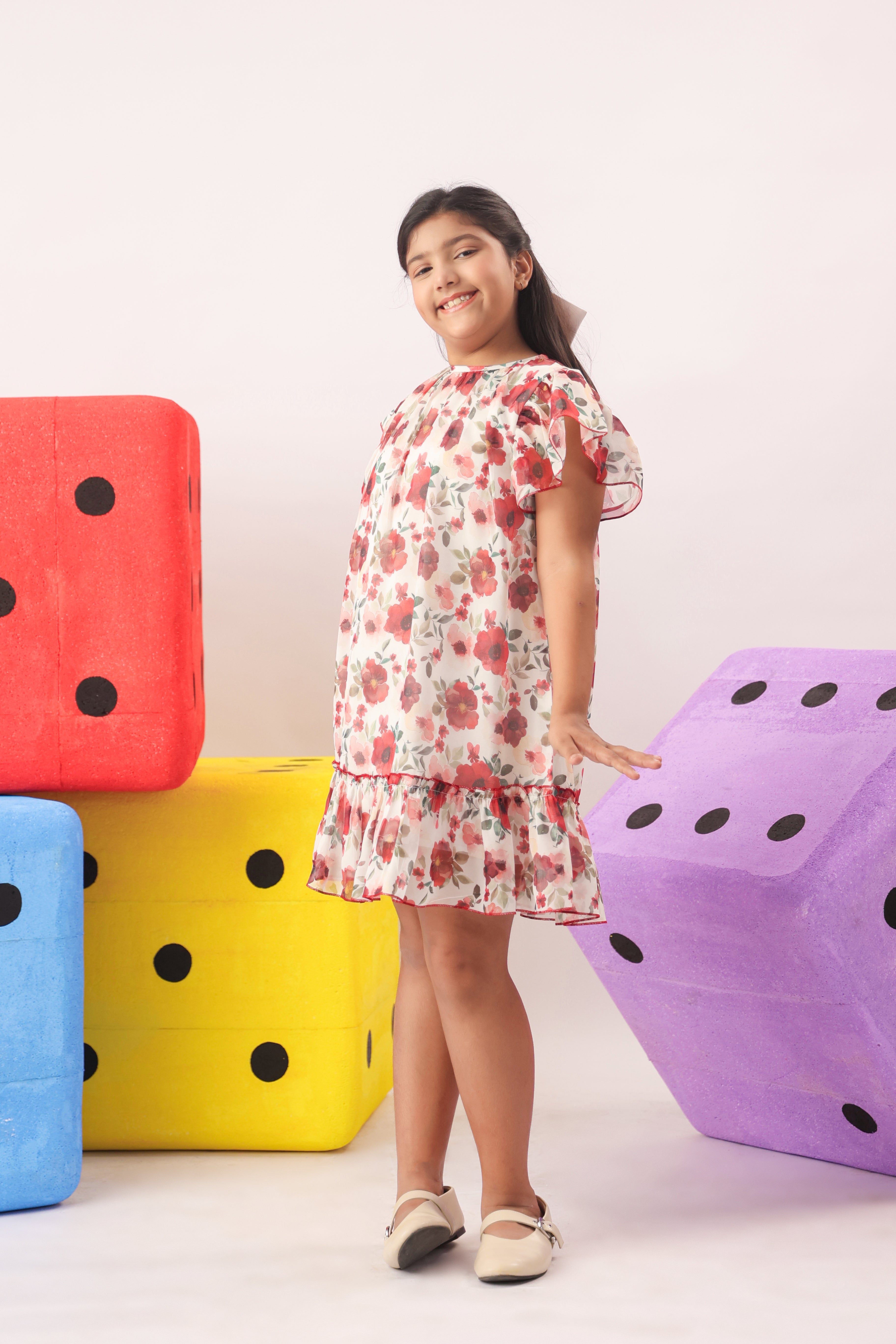 Red Floral Organza Ruffle Dress for Girls