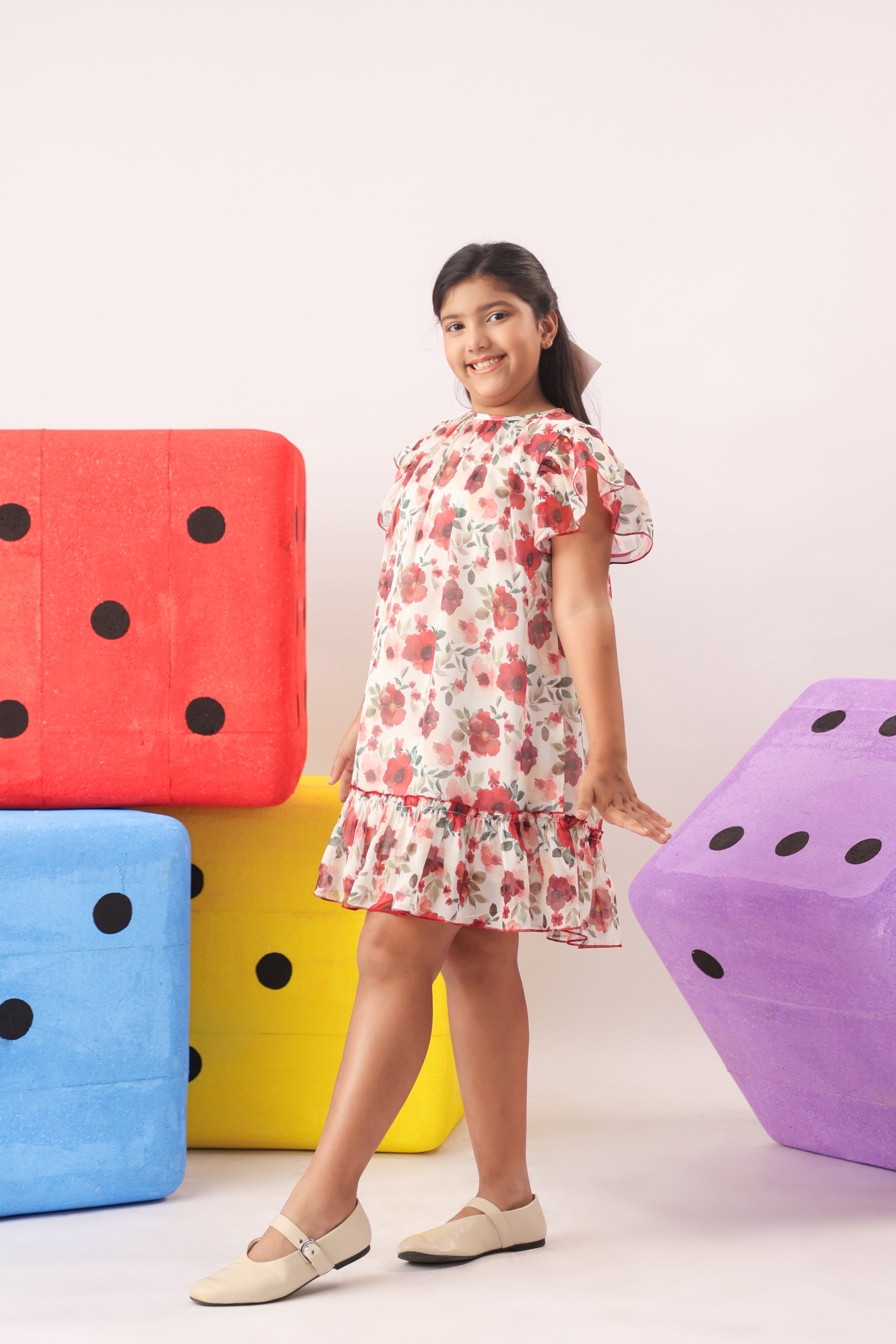 Red Floral Organza Ruffle Dress for Girls