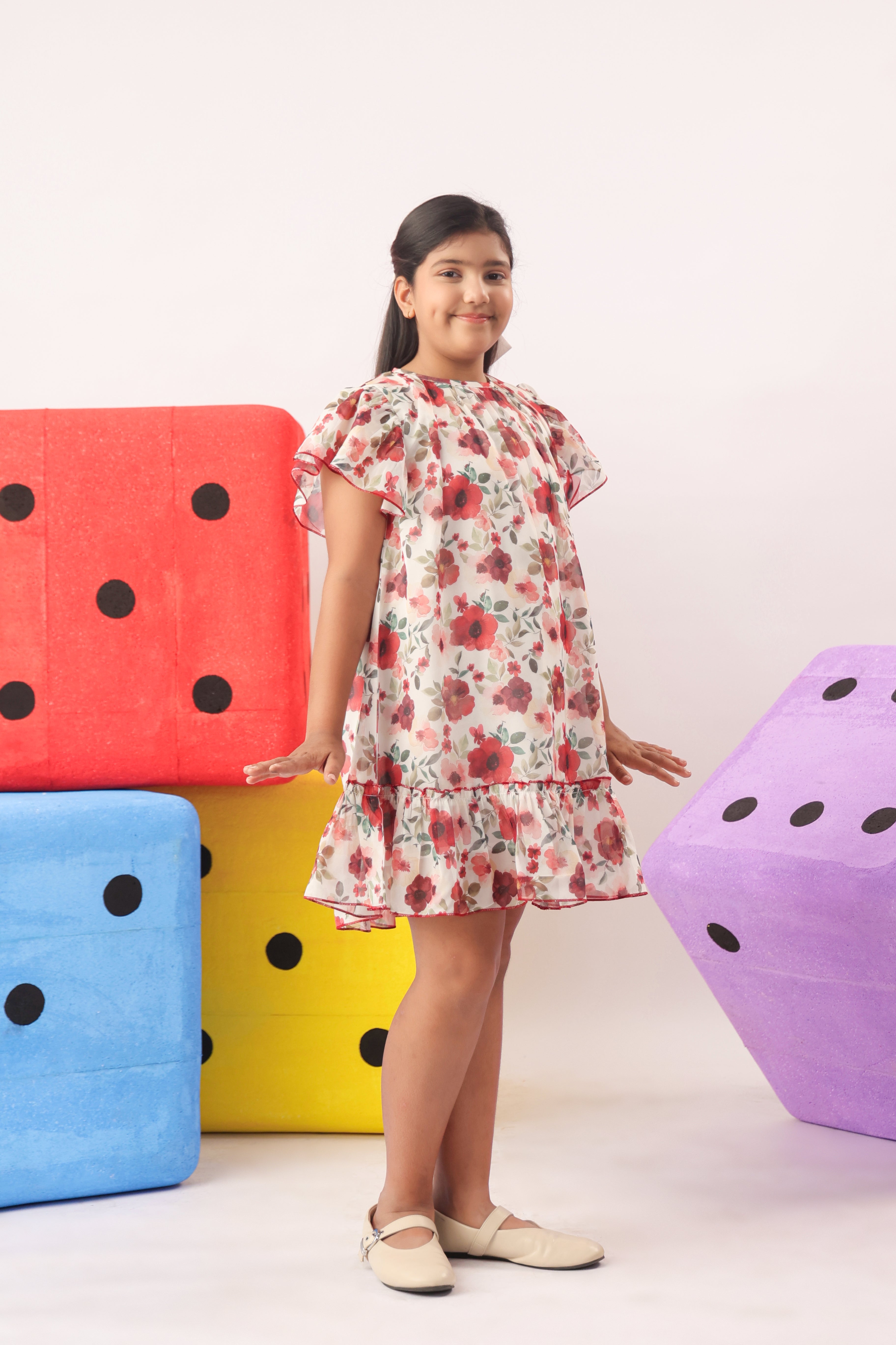 Red Floral Organza Ruffle Dress for Girls