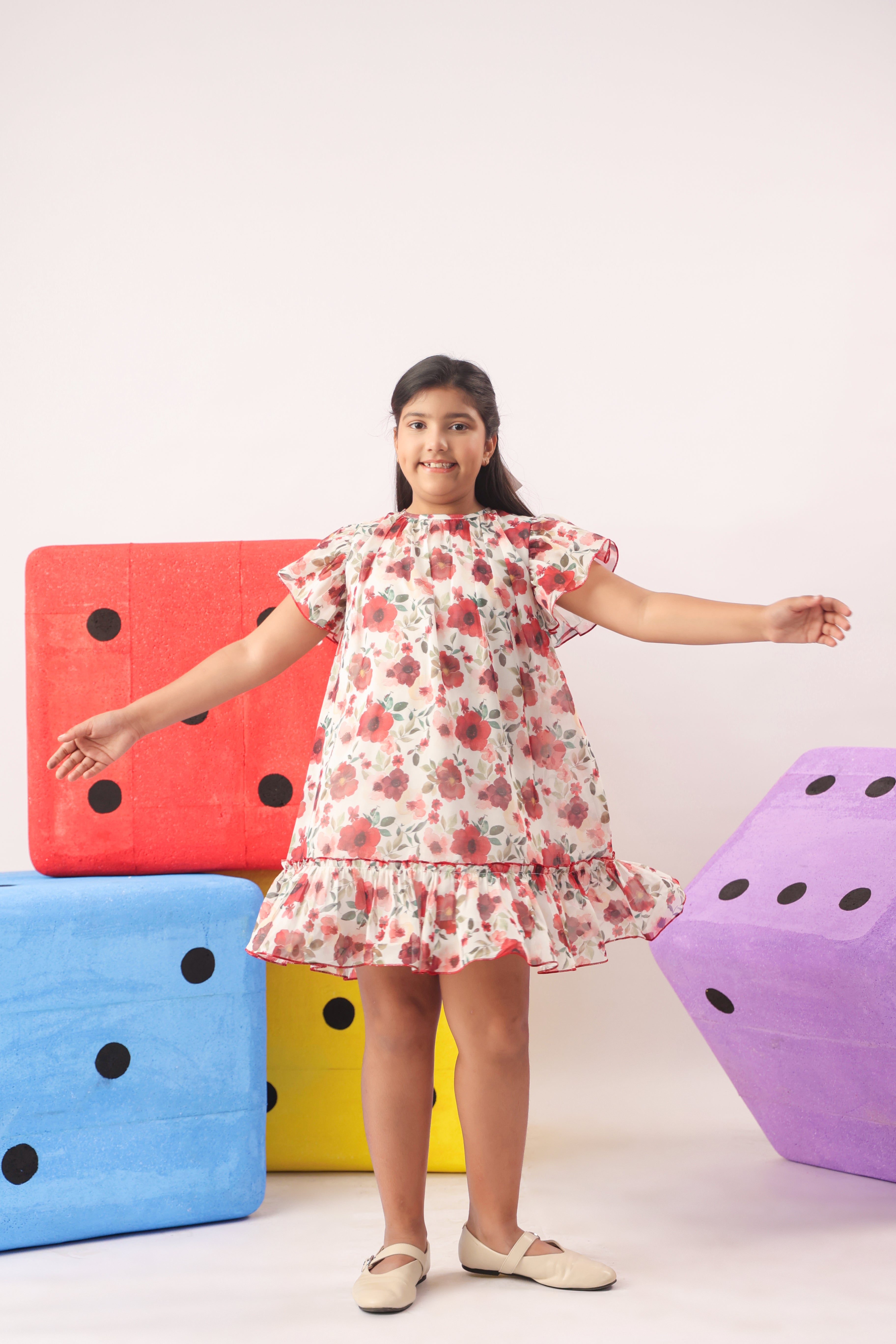 Red Floral Organza Ruffle Dress for Girls