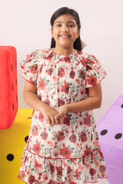 Red Floral Organza Ruffle Dress for Girls