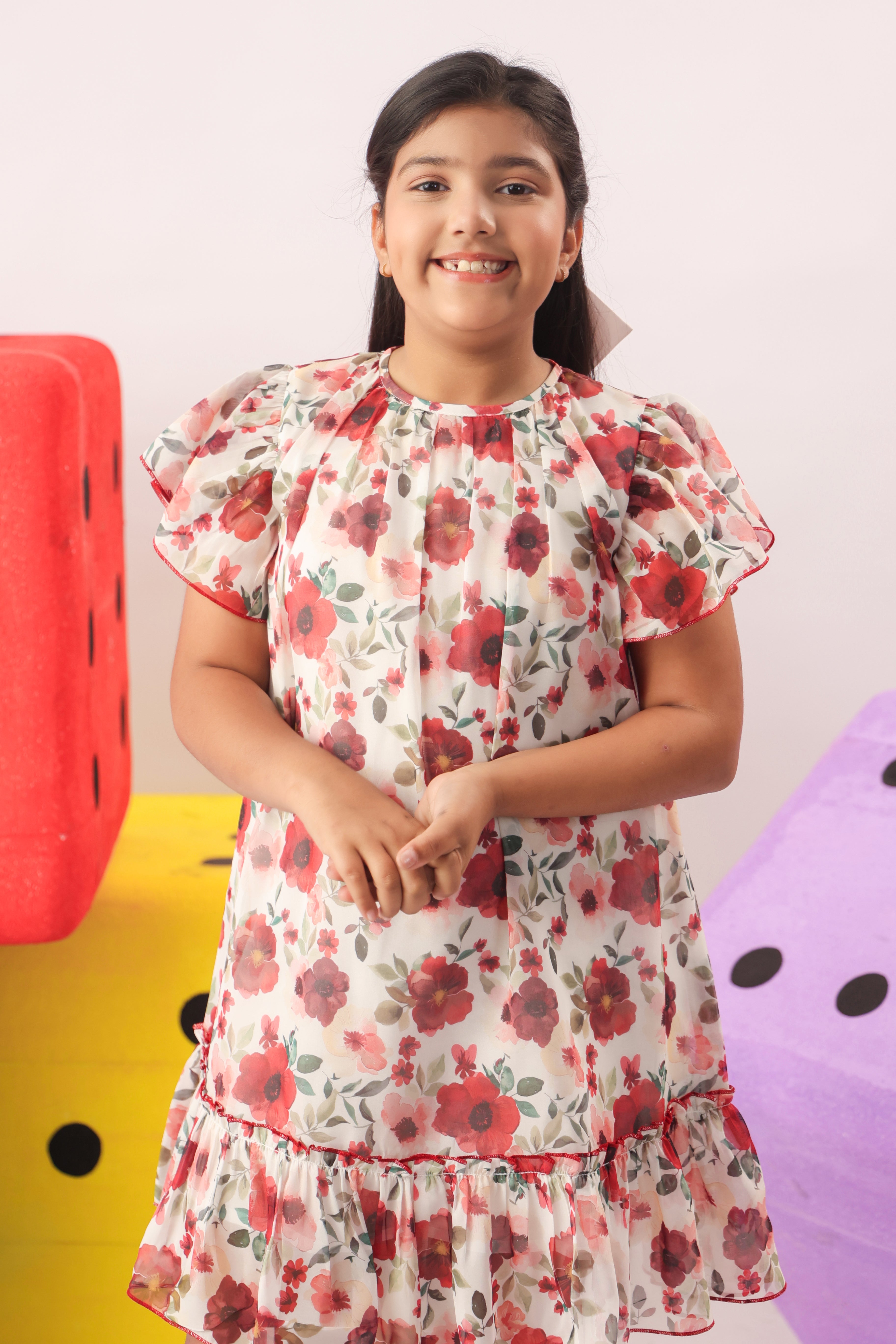 Red Floral Organza Ruffle Dress for Girls