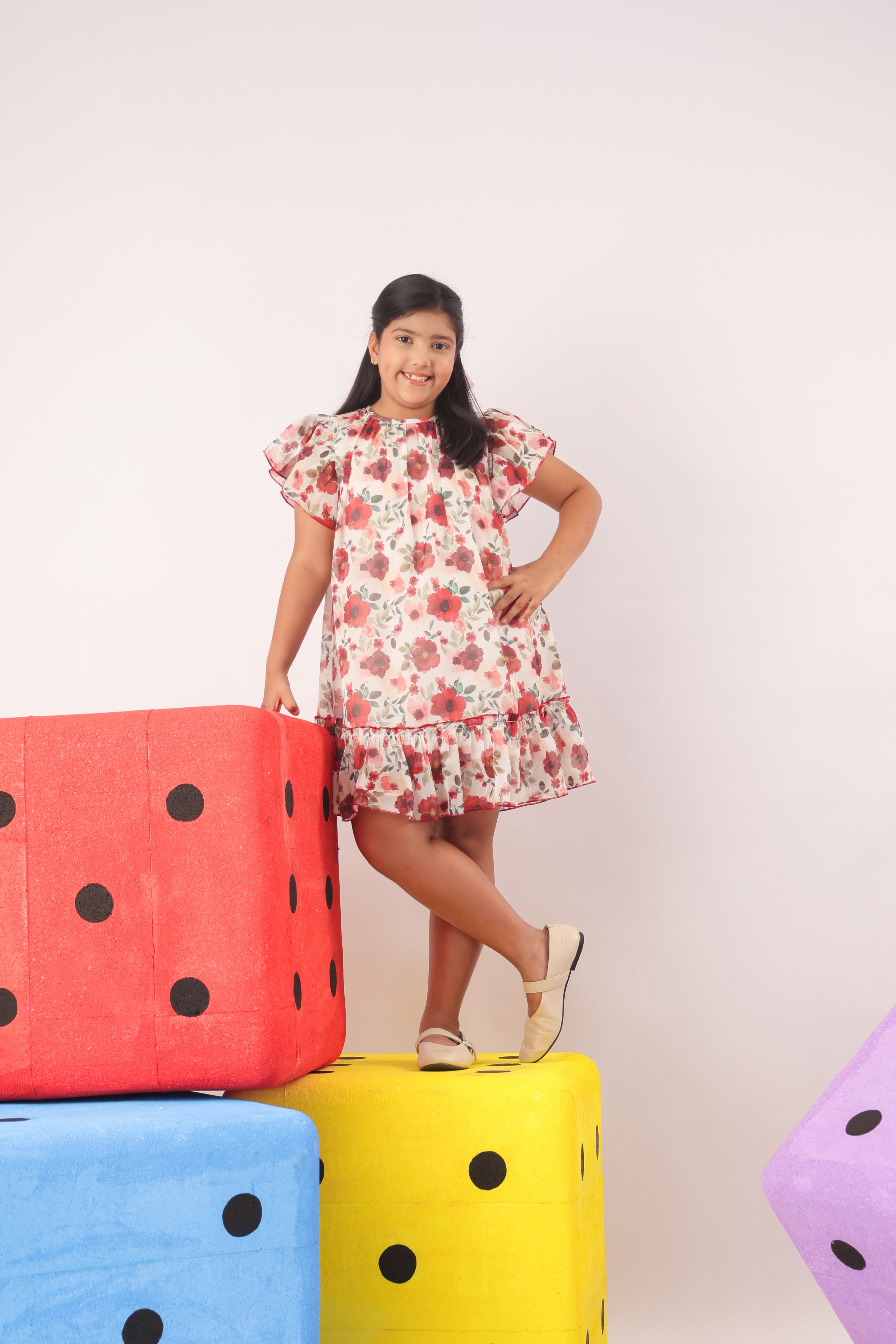 Red Floral Organza Ruffle Dress for Girls