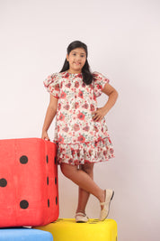 Red Floral Organza Ruffle Dress for Girls