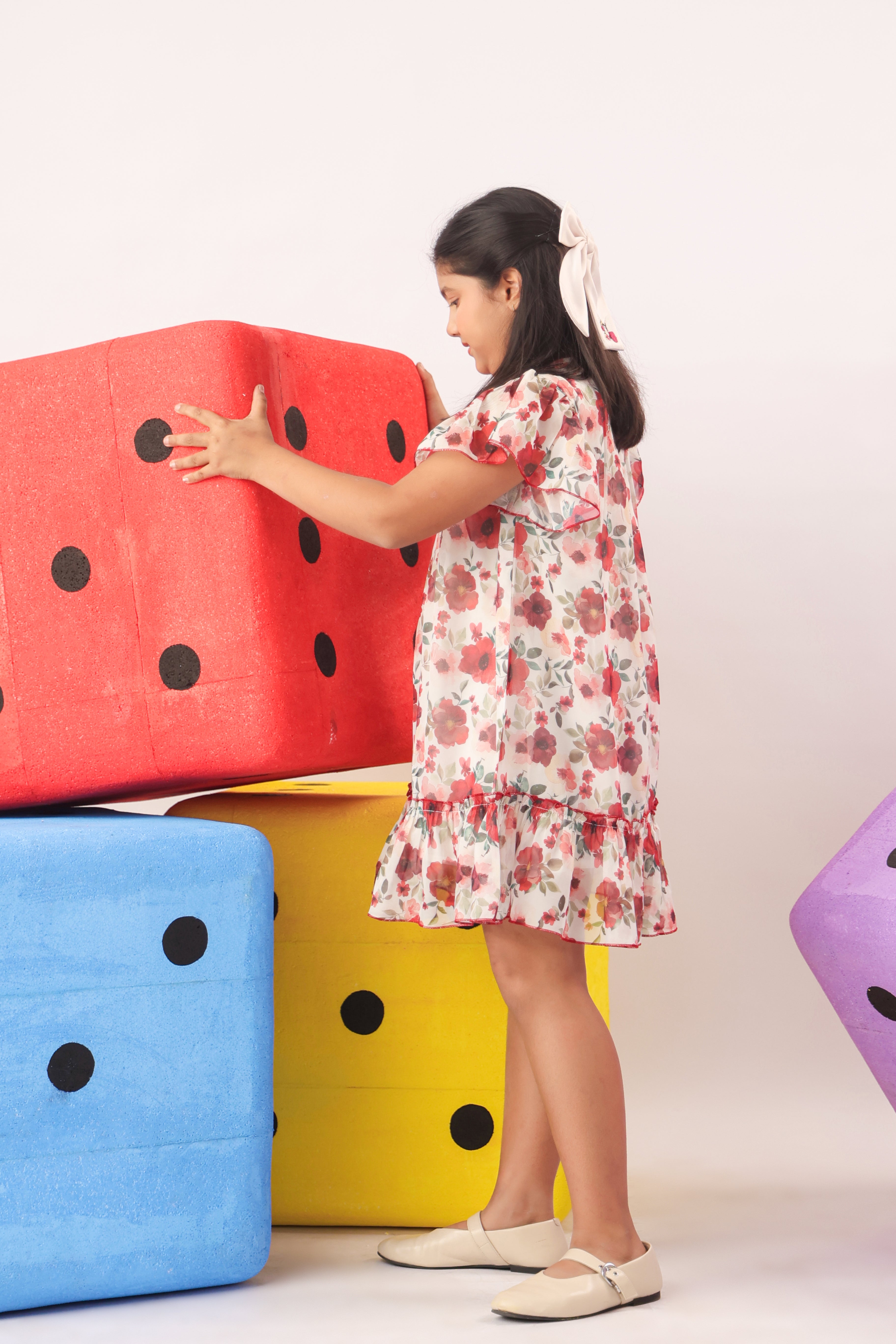 Red Floral Organza Ruffle Dress for Girls