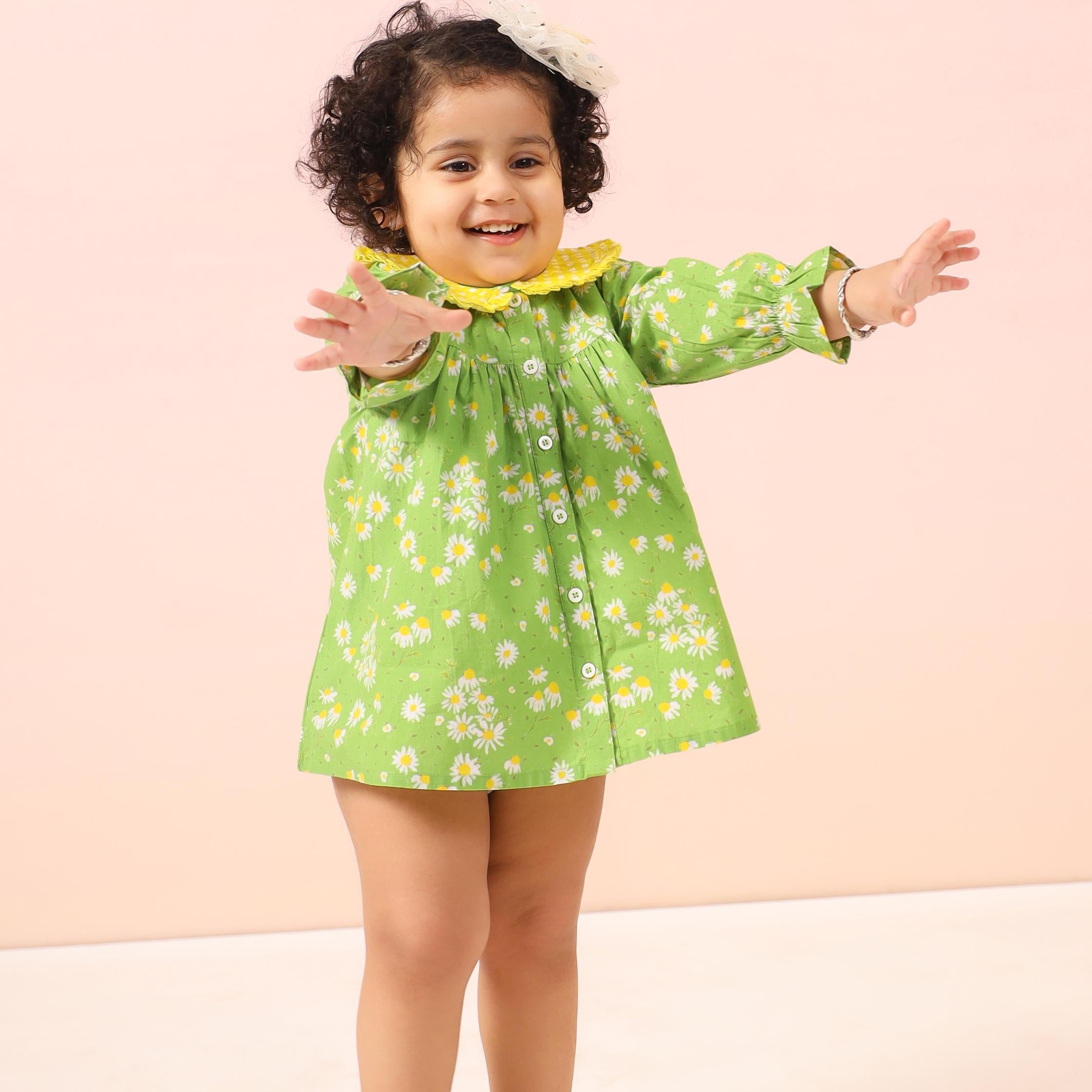 Infant Green Sunflower Dress - Premium Skin-Friendly Kids Wear India - The Little Trunk