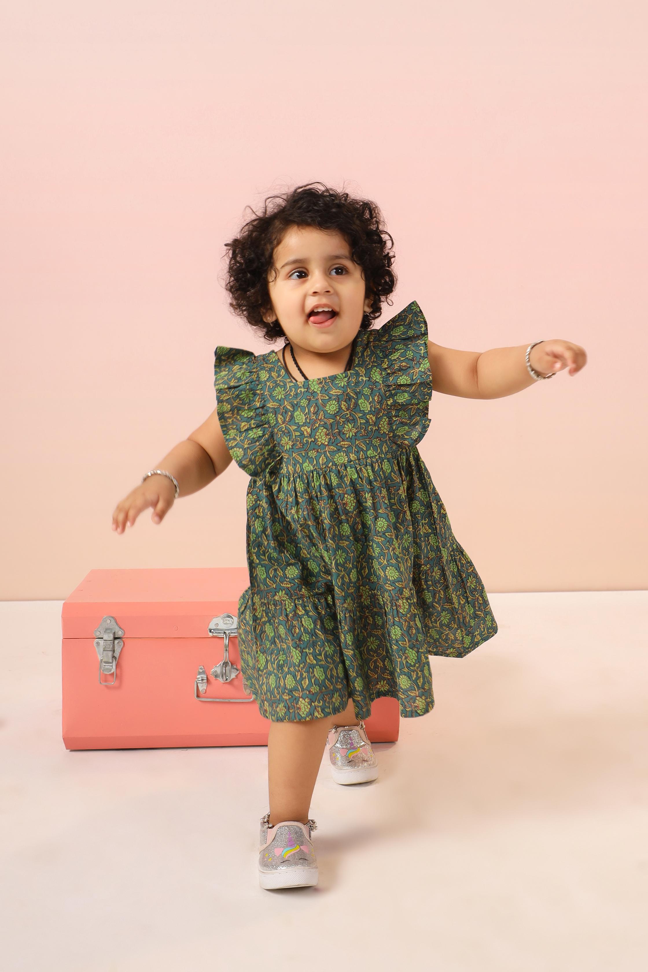 Green Block Print Infant Dress