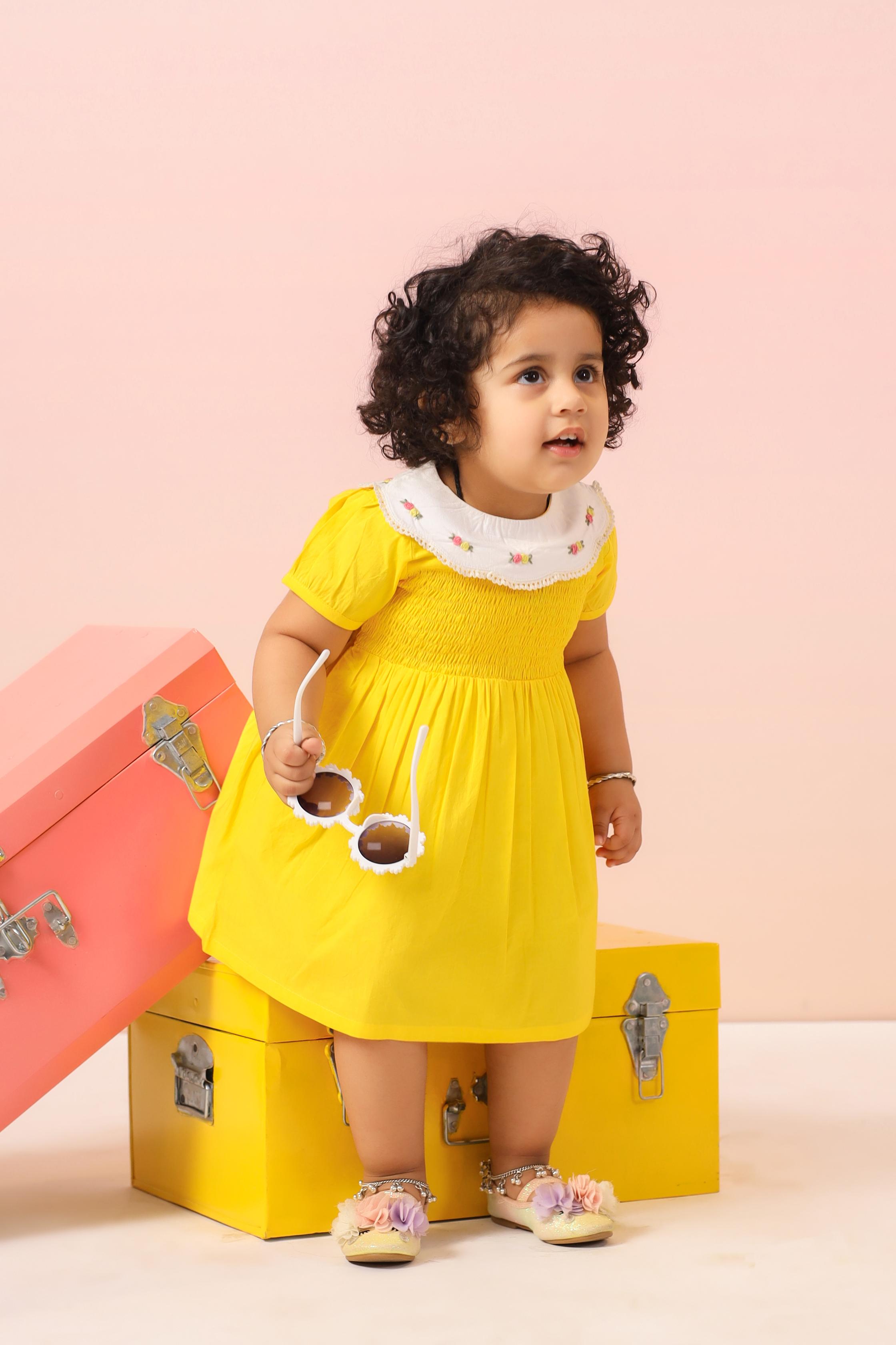 Yellow Smocked and Embroidery 
 Detail Dress