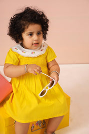 Yellow Smocked and Embroidery 
 Detail Dress