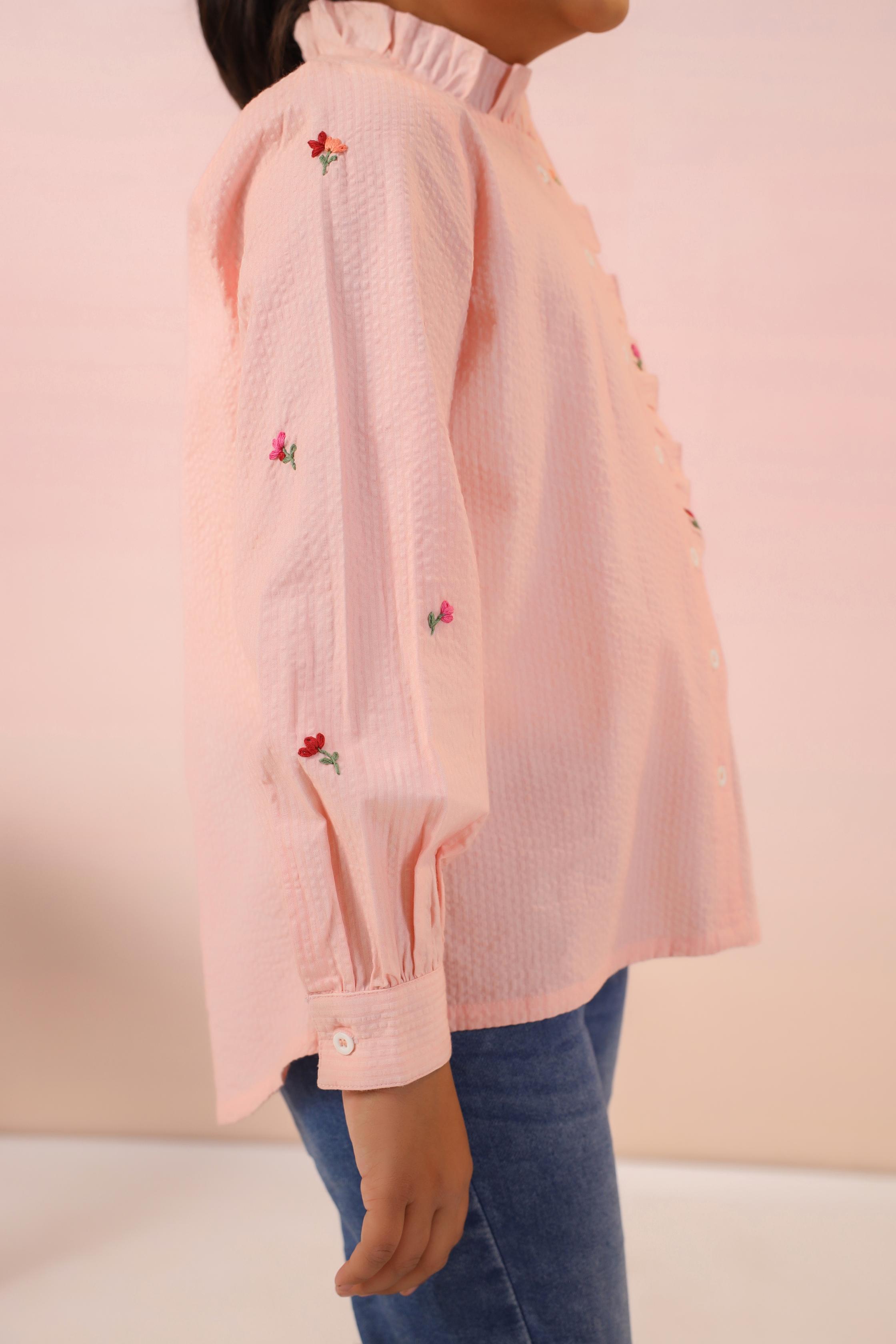 Pink Seersucker Embroidery Shirt