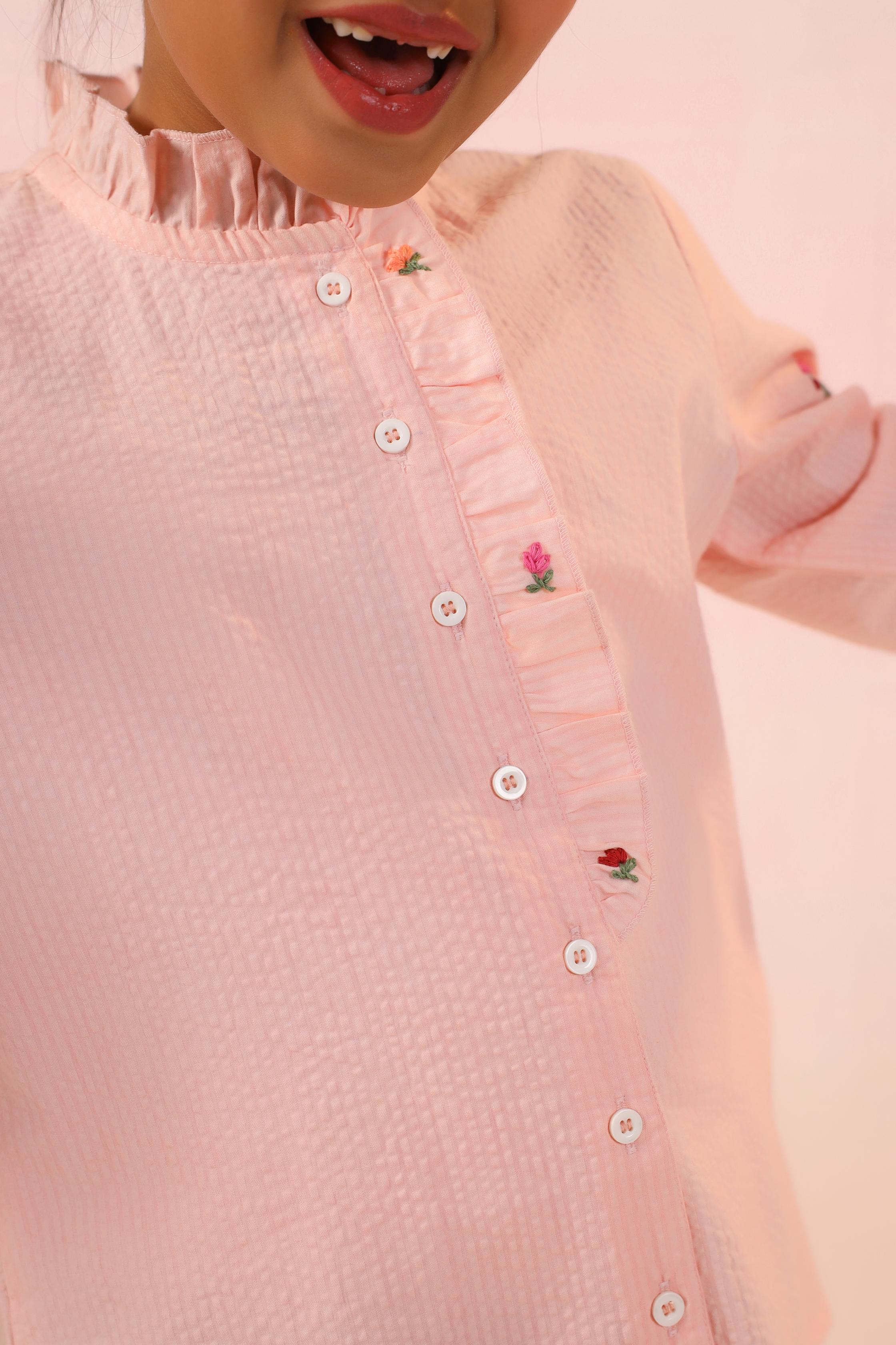 Pink Seersucker Embroidery Shirt