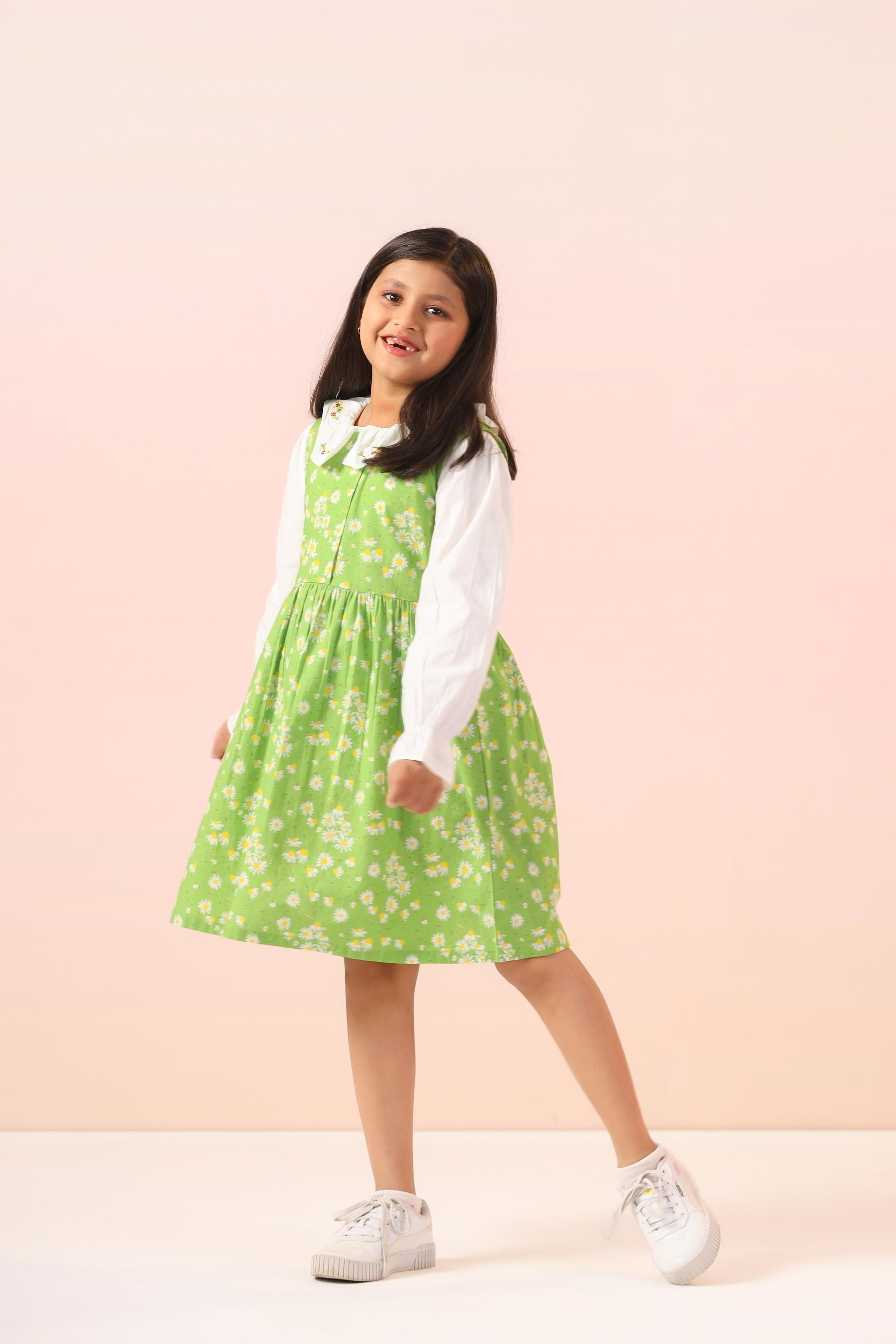 Green Sunflowers Pinafore Dress