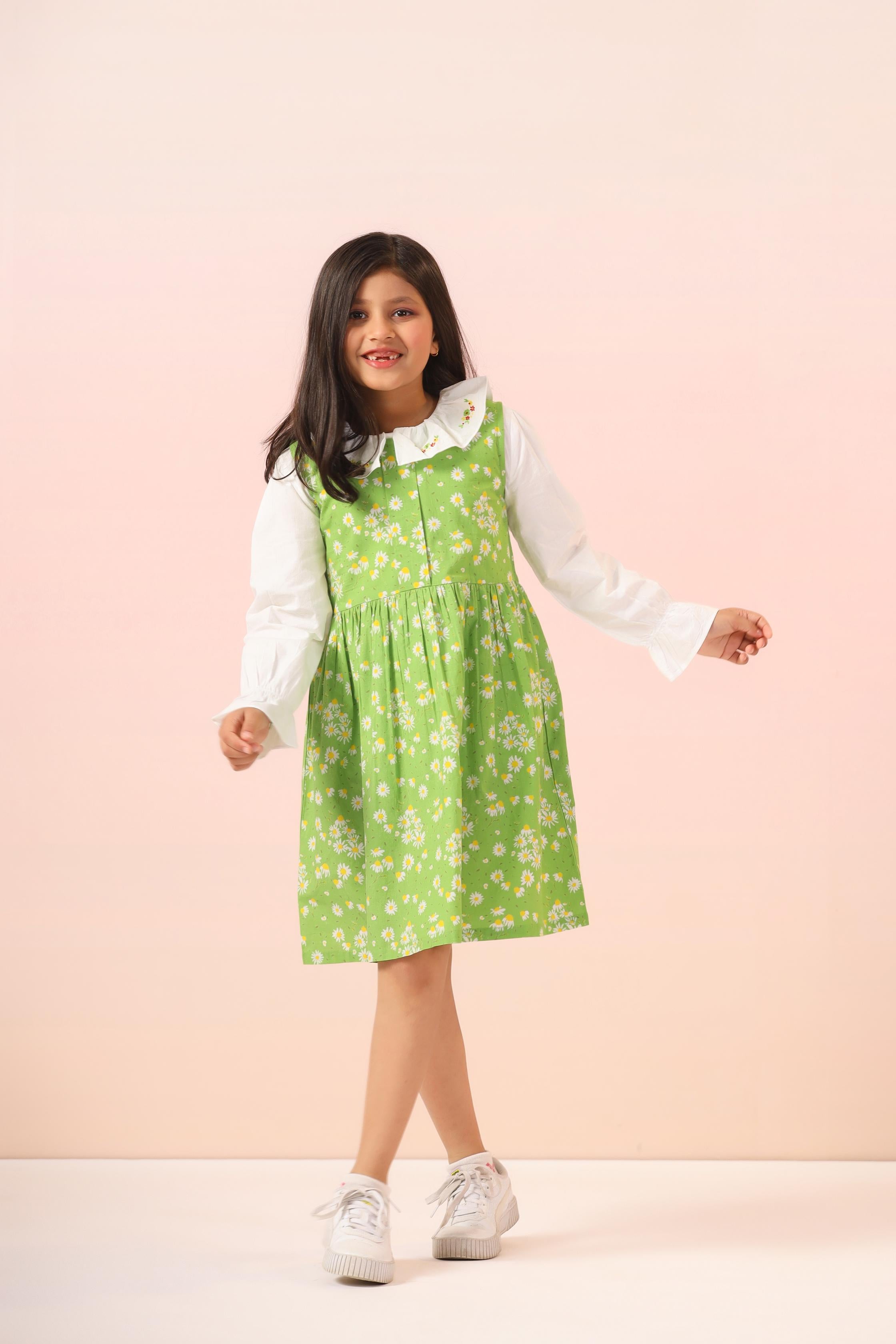 Green Sunflowers Pinafore Dress