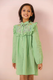 Florals on Green Embroidery Shirt Dress