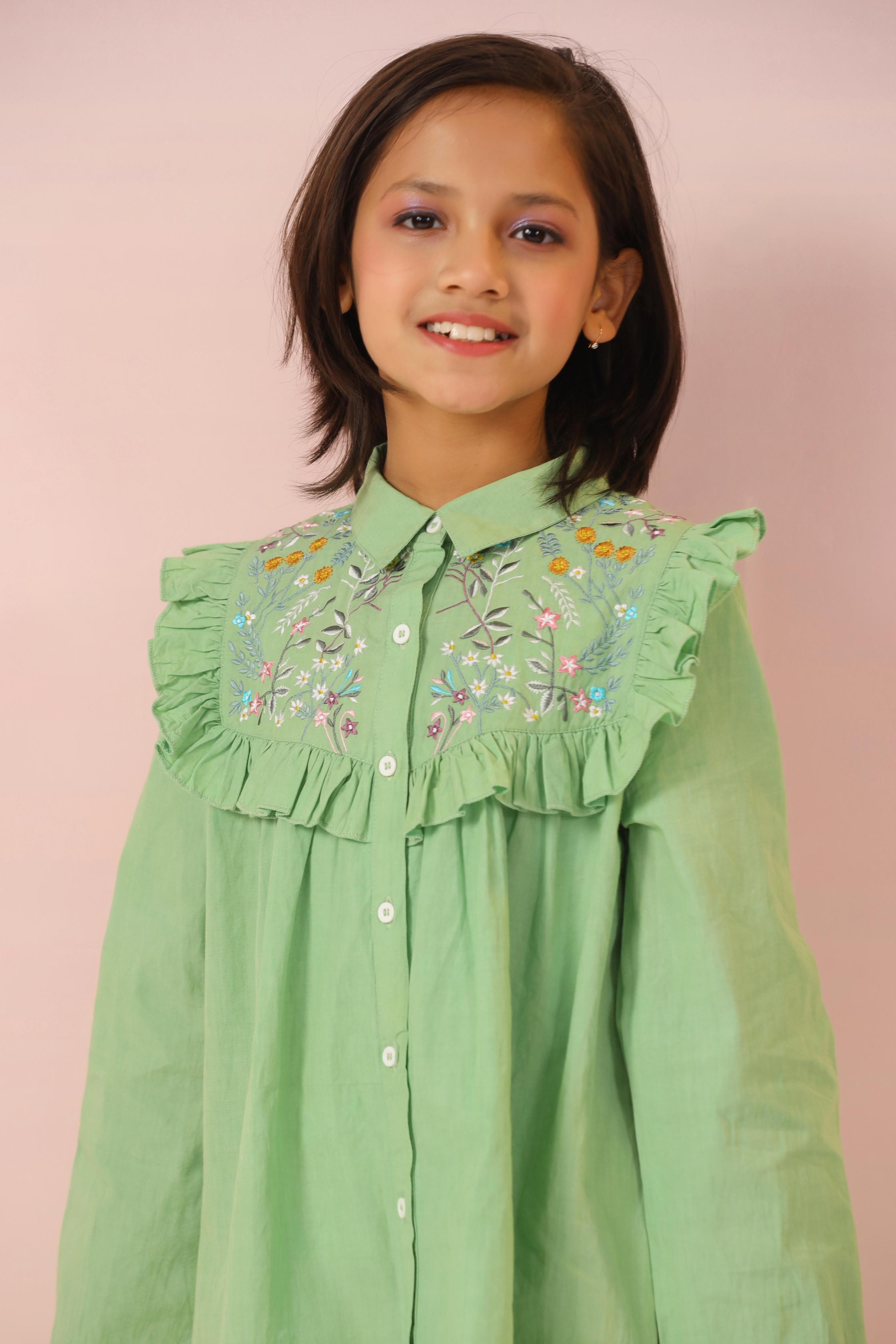 Florals on Green Embroidery Shirt Dress