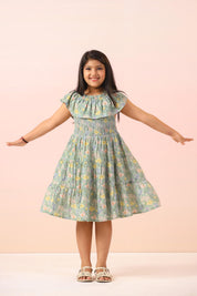 Green Garden Smocking Detail Dress