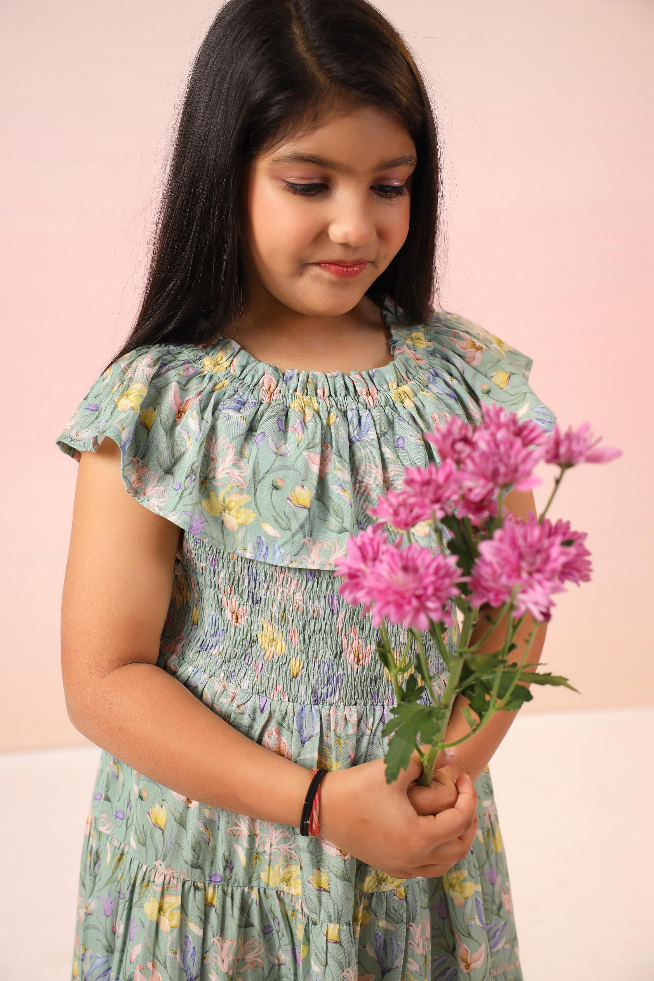 Green Garden Smocking Detail Dress