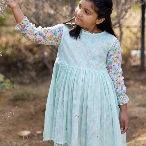 Floral and Checks Pinafore Dress - Premium Skin-Friendly Kids Wear India - The Little Trunk
