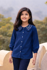 Blue Floral Collar Embroidery Shirt